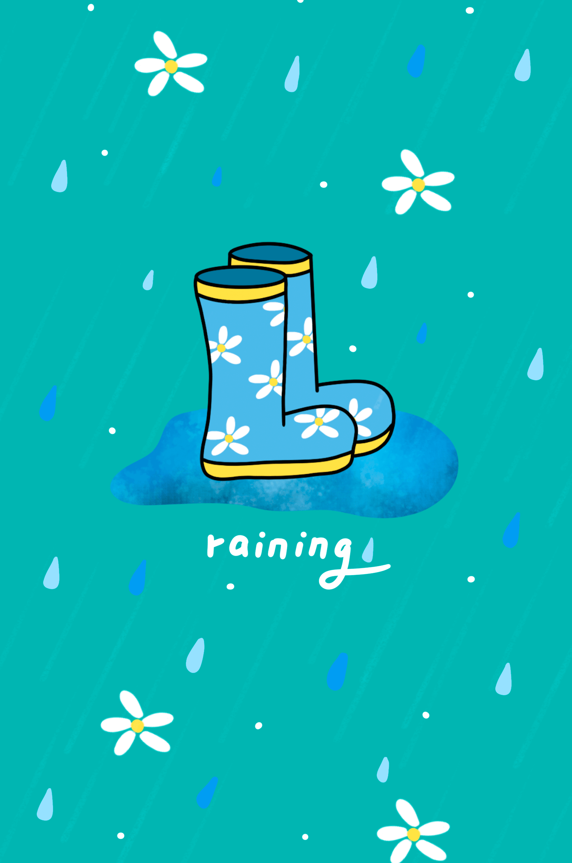 Colorful rain boots with floral pattern on a rainy background