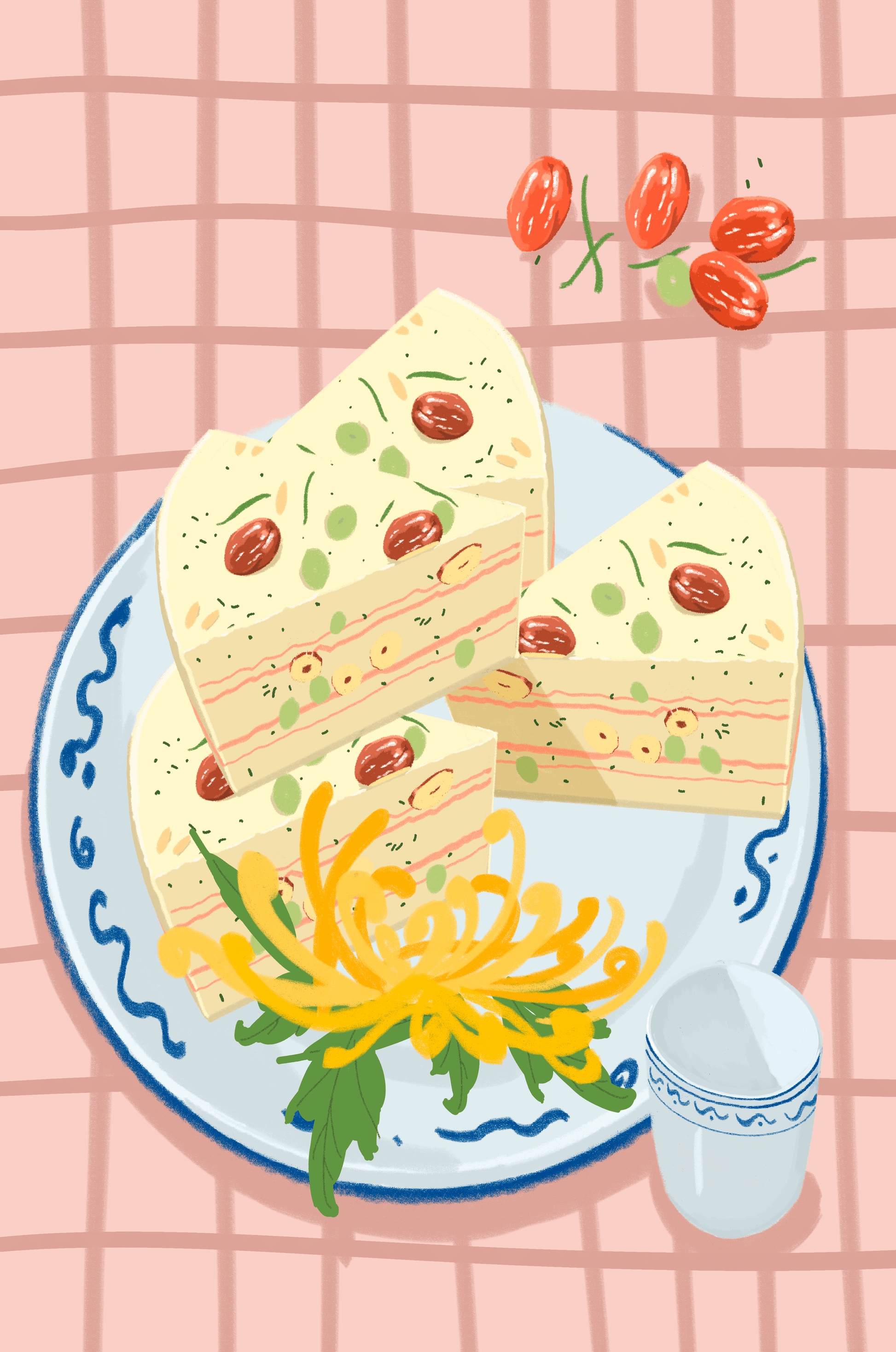 Illustration of layered cake on patterned plate with flowers and a cup