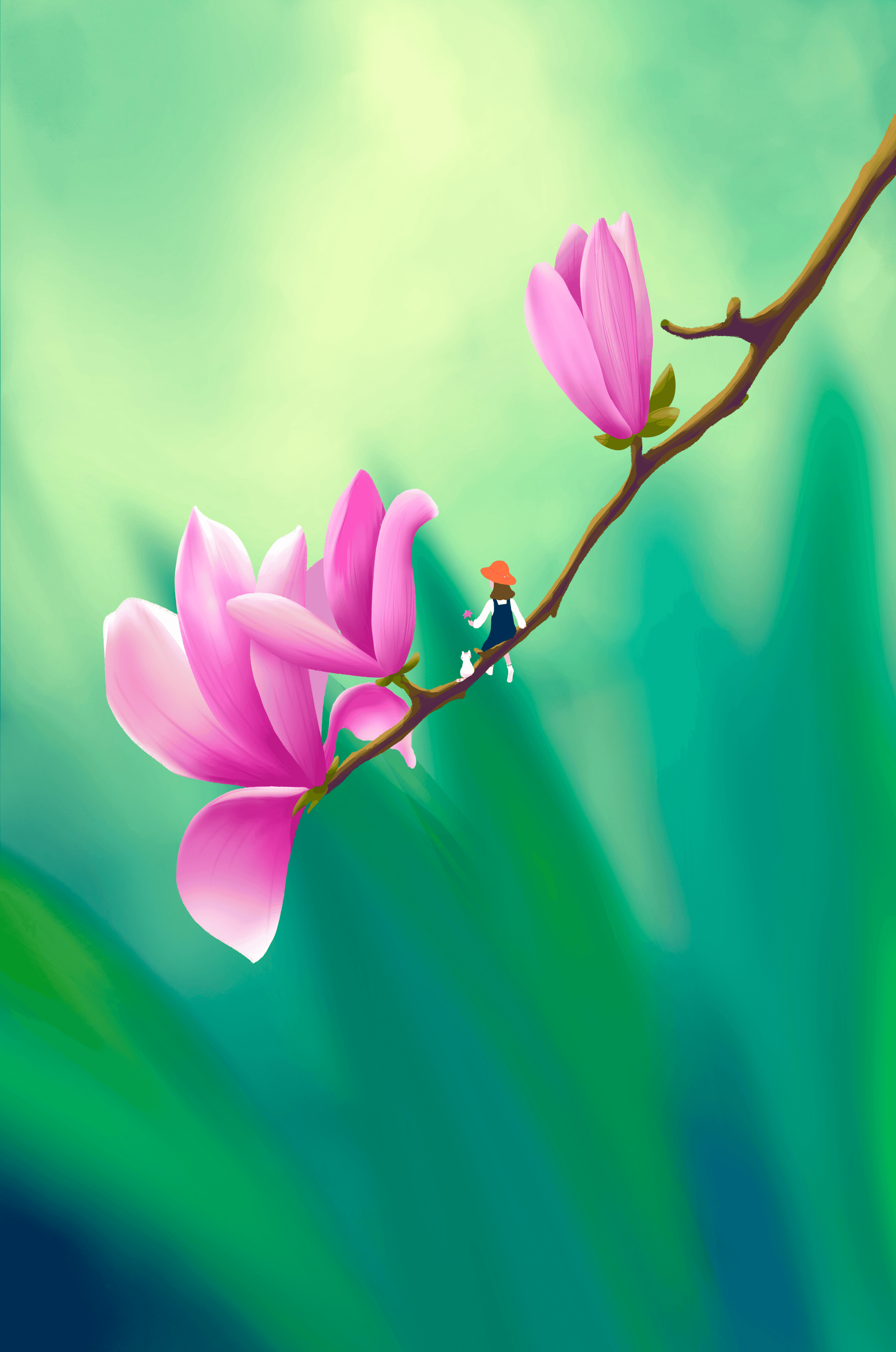 Serene illustration of magnolia flowers with a small figure in a hat