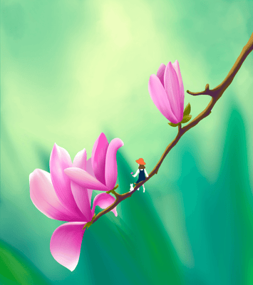 Serene illustration of magnolia flowers with a small figure in a hat