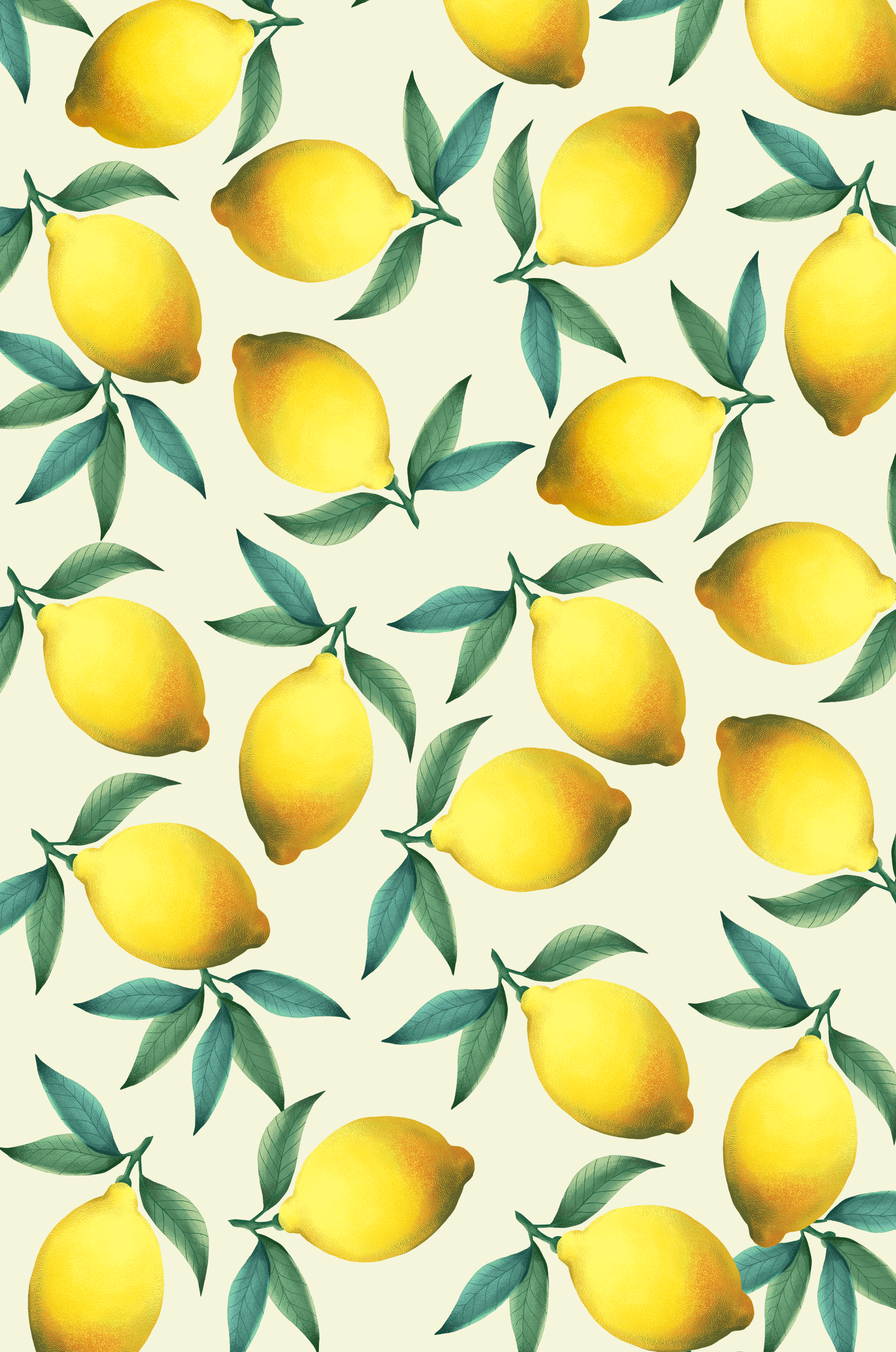 Vibrant lemon pattern with green leaves on a light background