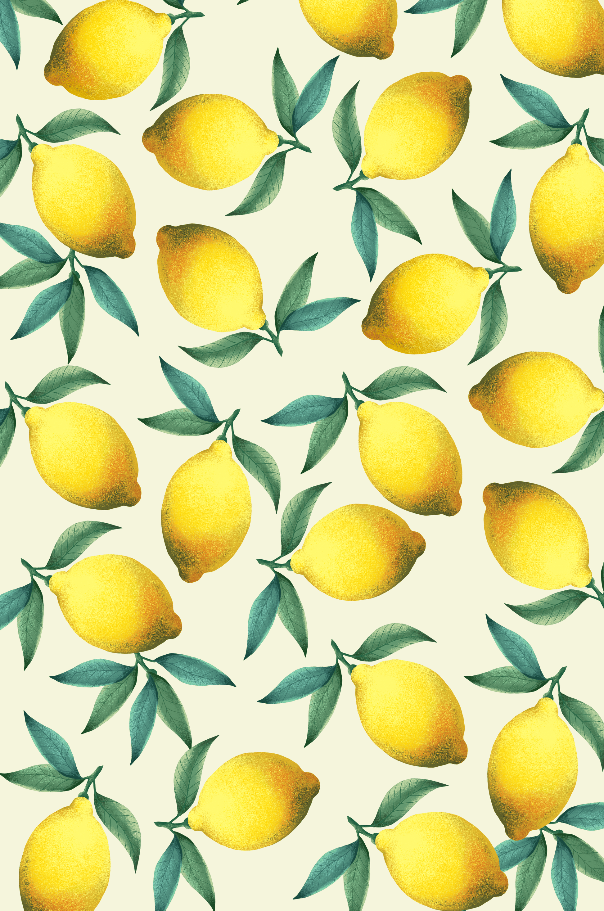 Vibrant lemon pattern with green leaves on a light background