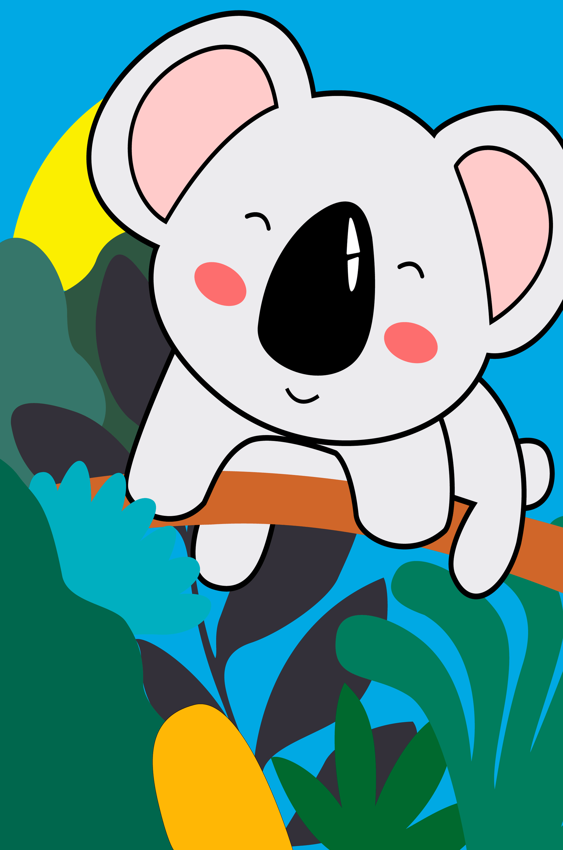 Charming illustrated koala on a branch with vibrant background