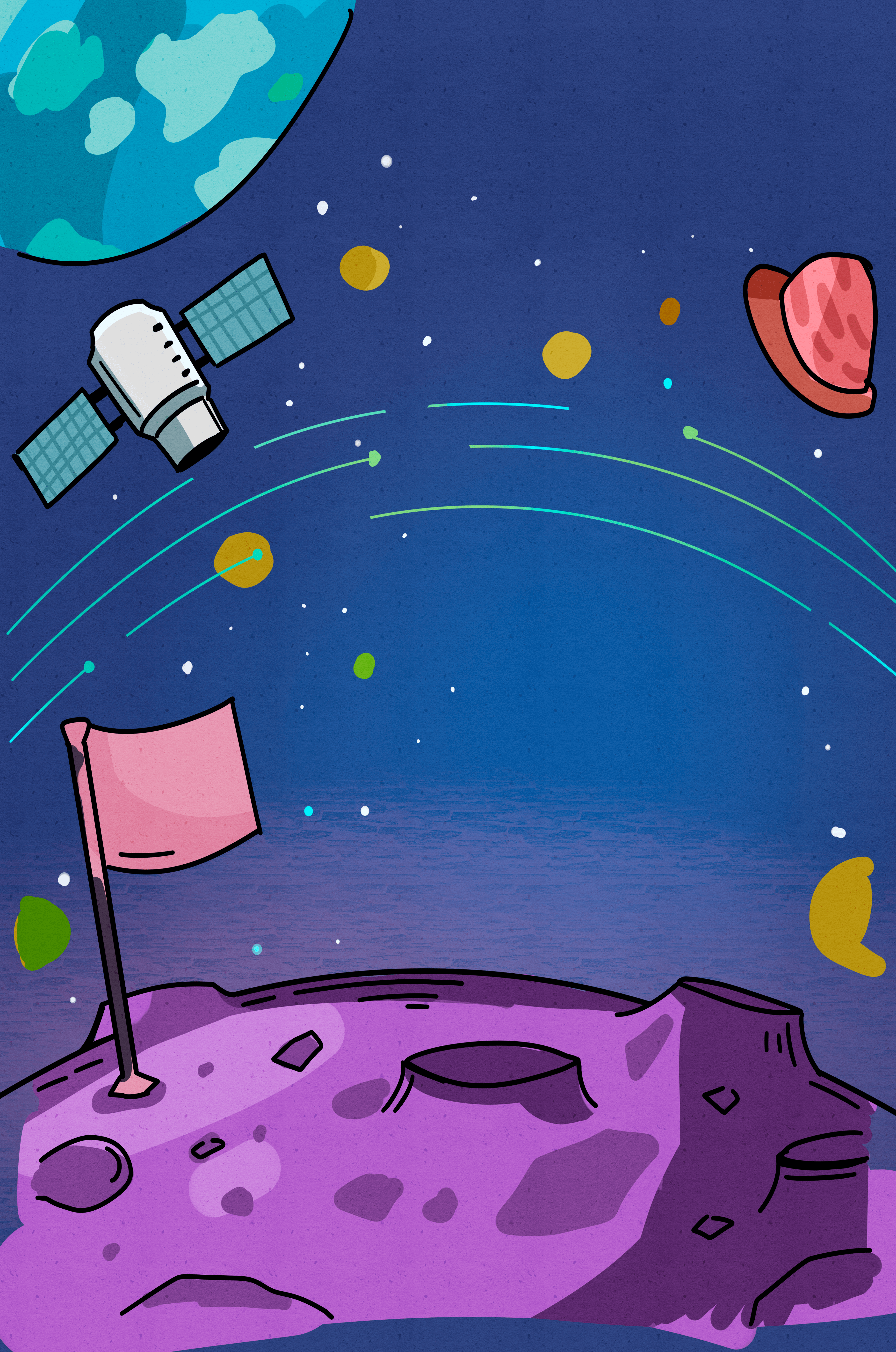 Illustration of outer space scene with planets and satellite