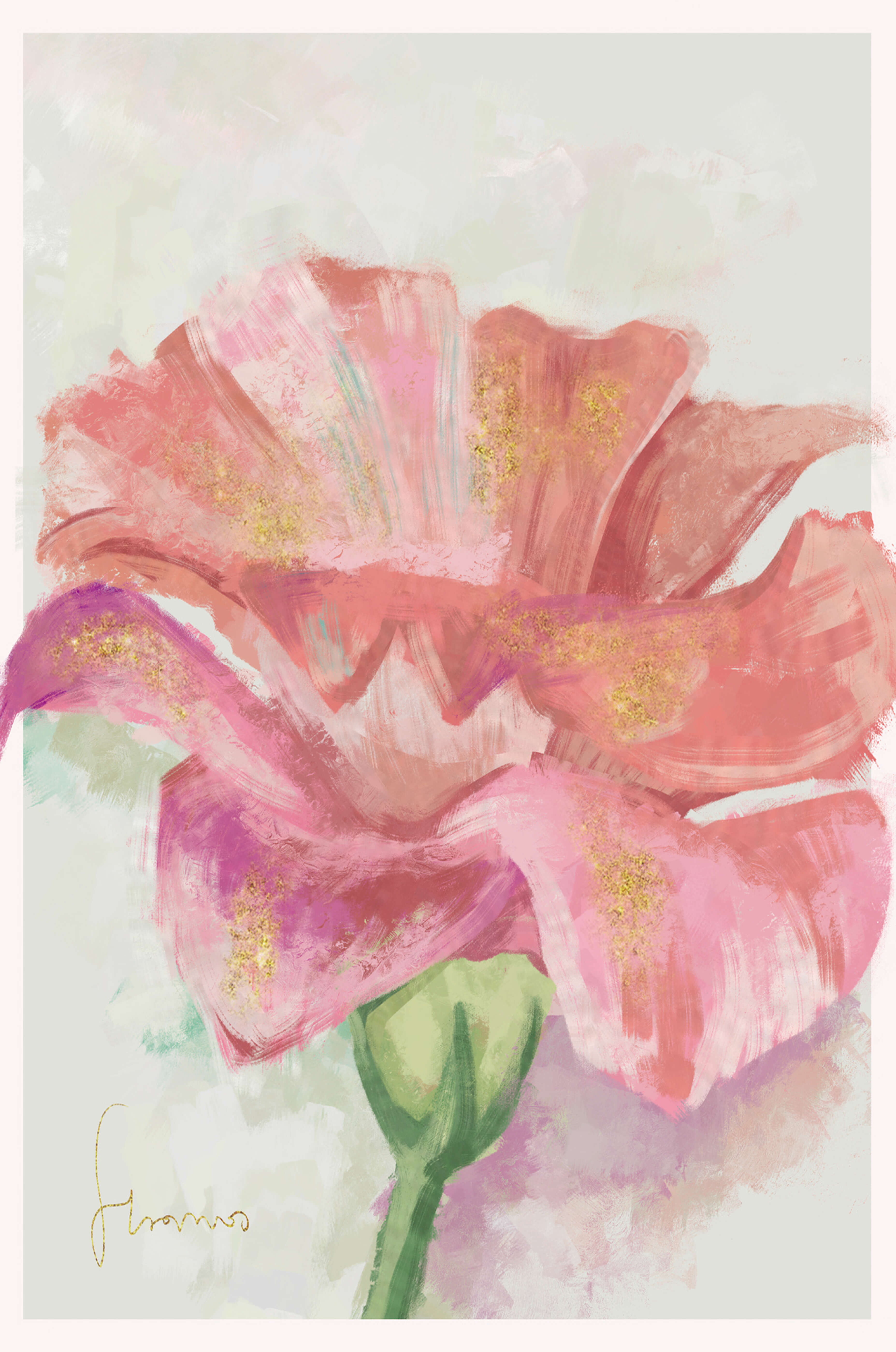 Vibrant pink flower with golden accents in abstract style