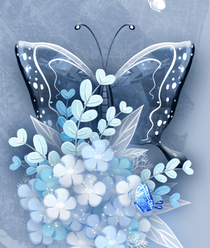 Elegant butterfly with blue floral arrangement artwork
