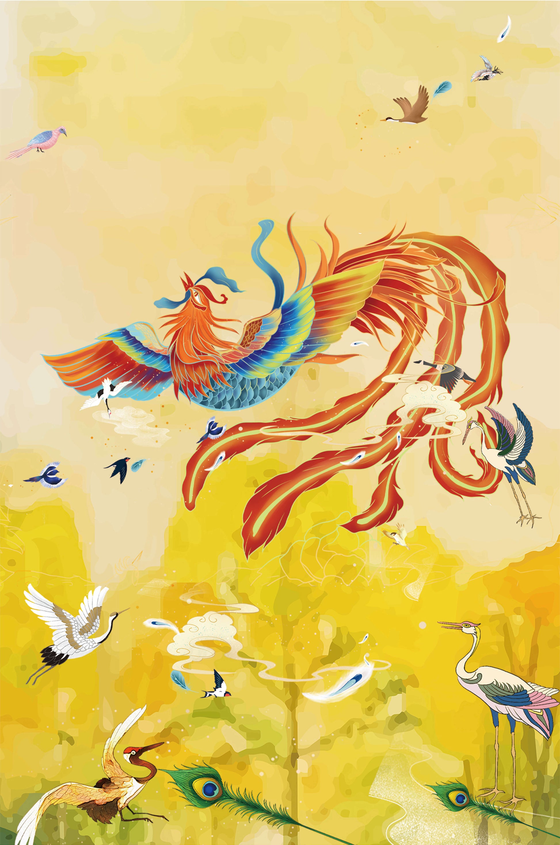 Colorful mystical bird with vivid feathered companions in a vibrant sky