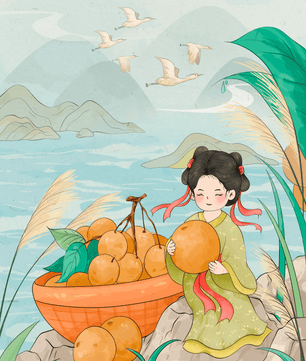 Paisaje sereno con una chica y una cesta de naranjas junto al agua