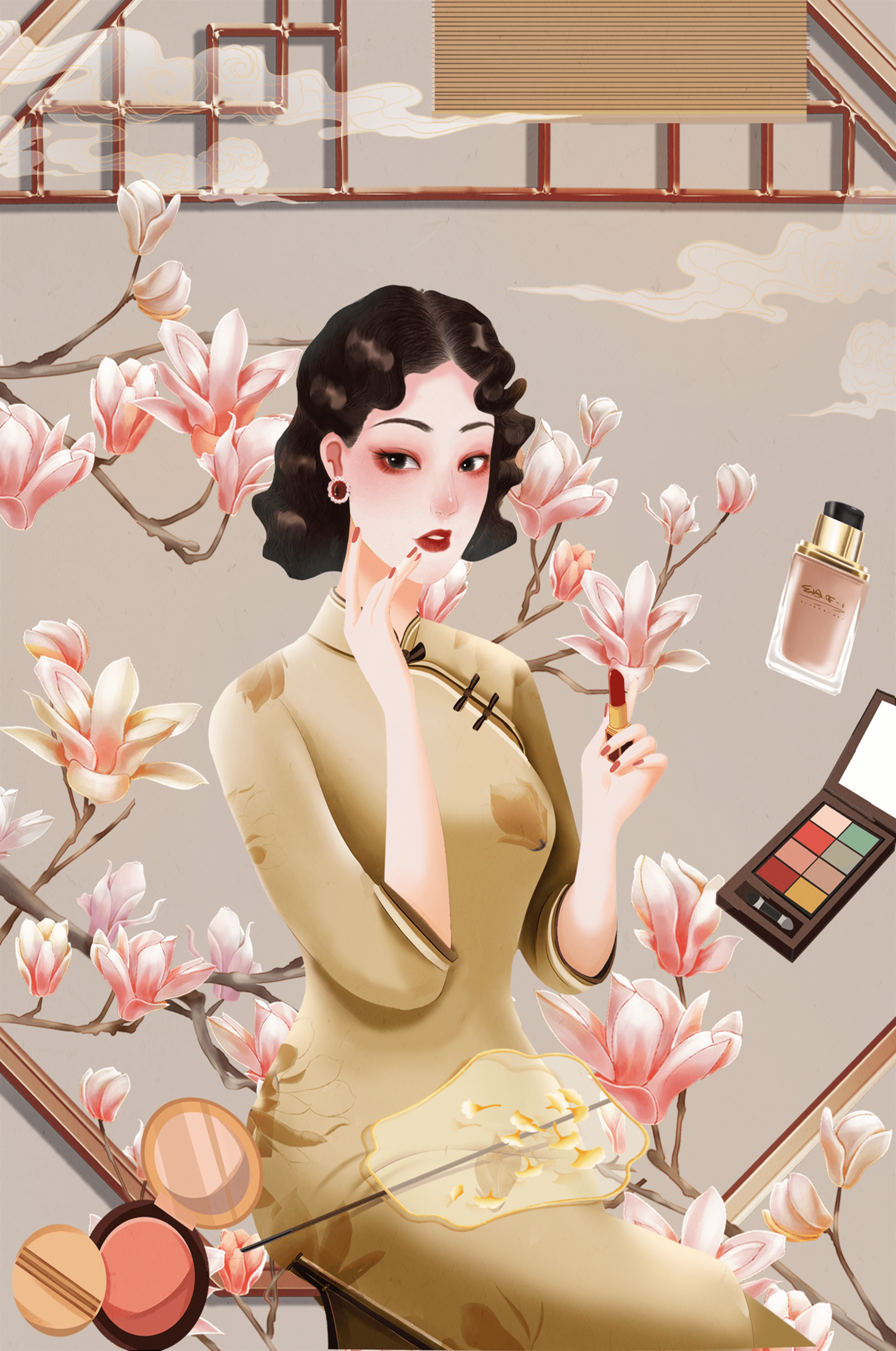 Elegant illustration of a woman with makeup and magnolia flowers