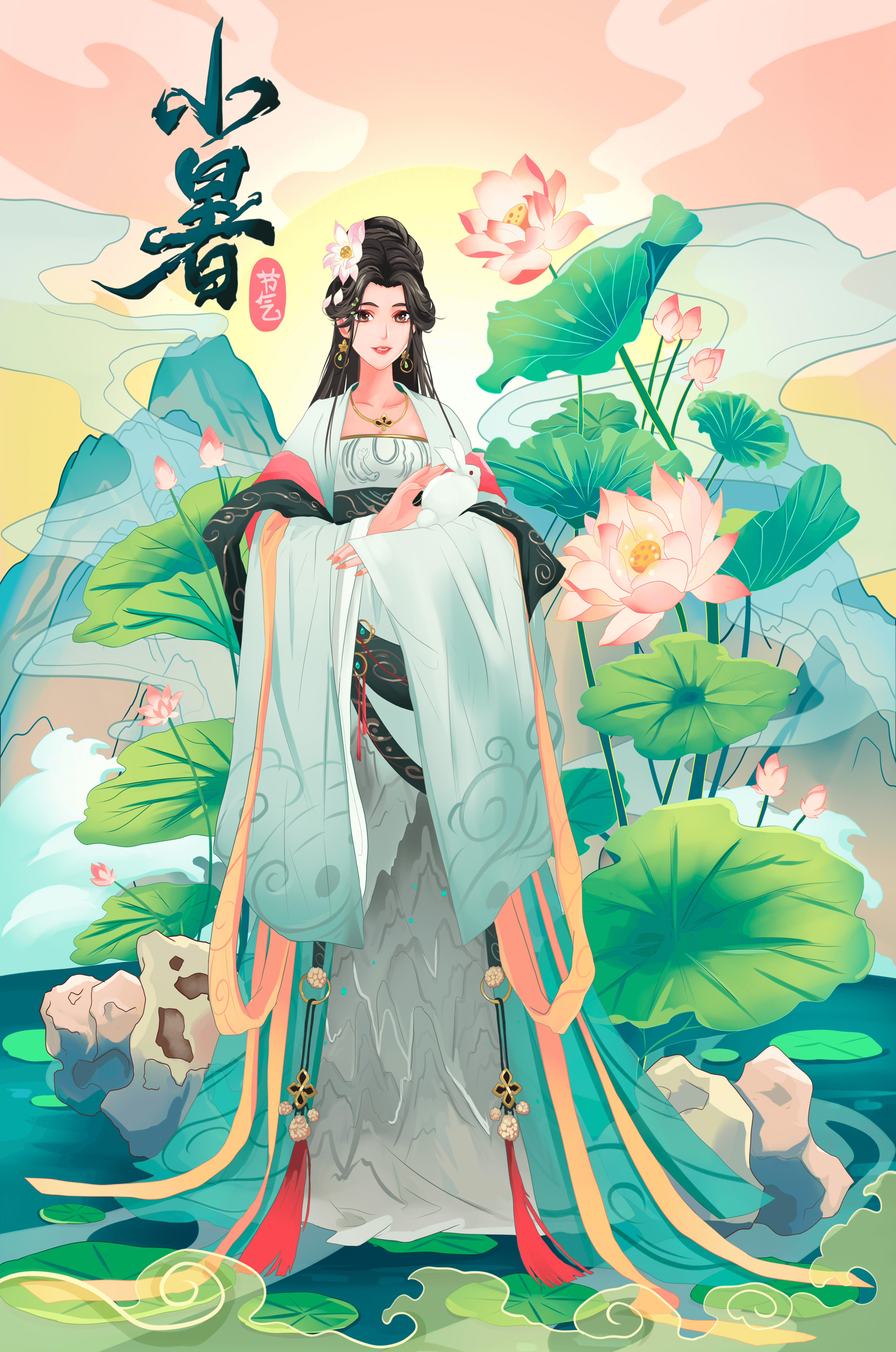 Elegant woman in traditional attire with lotus flowers and serene backdrop