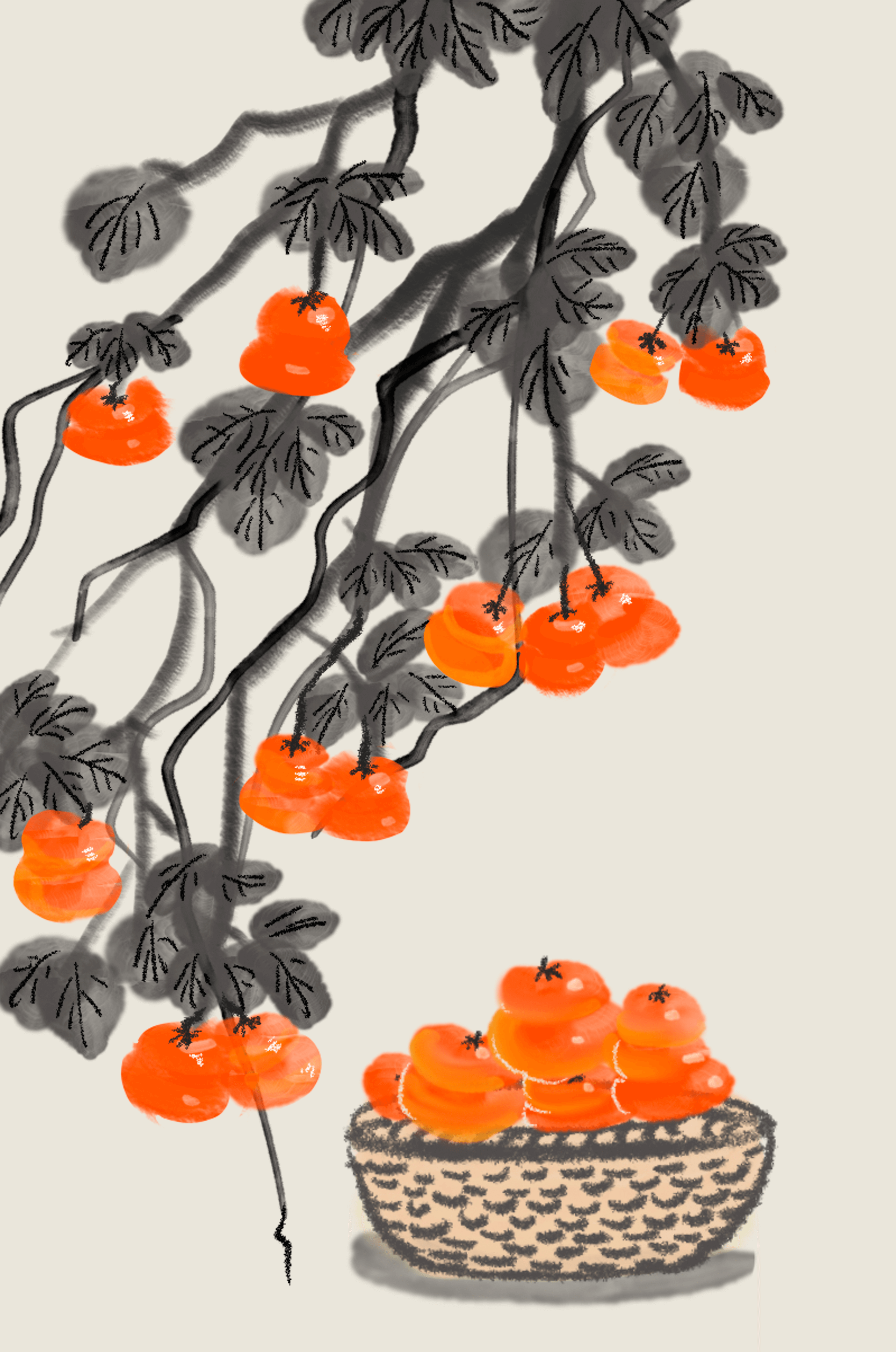 Artistic depiction of hanging persimmons with basket on watercolor canvas
