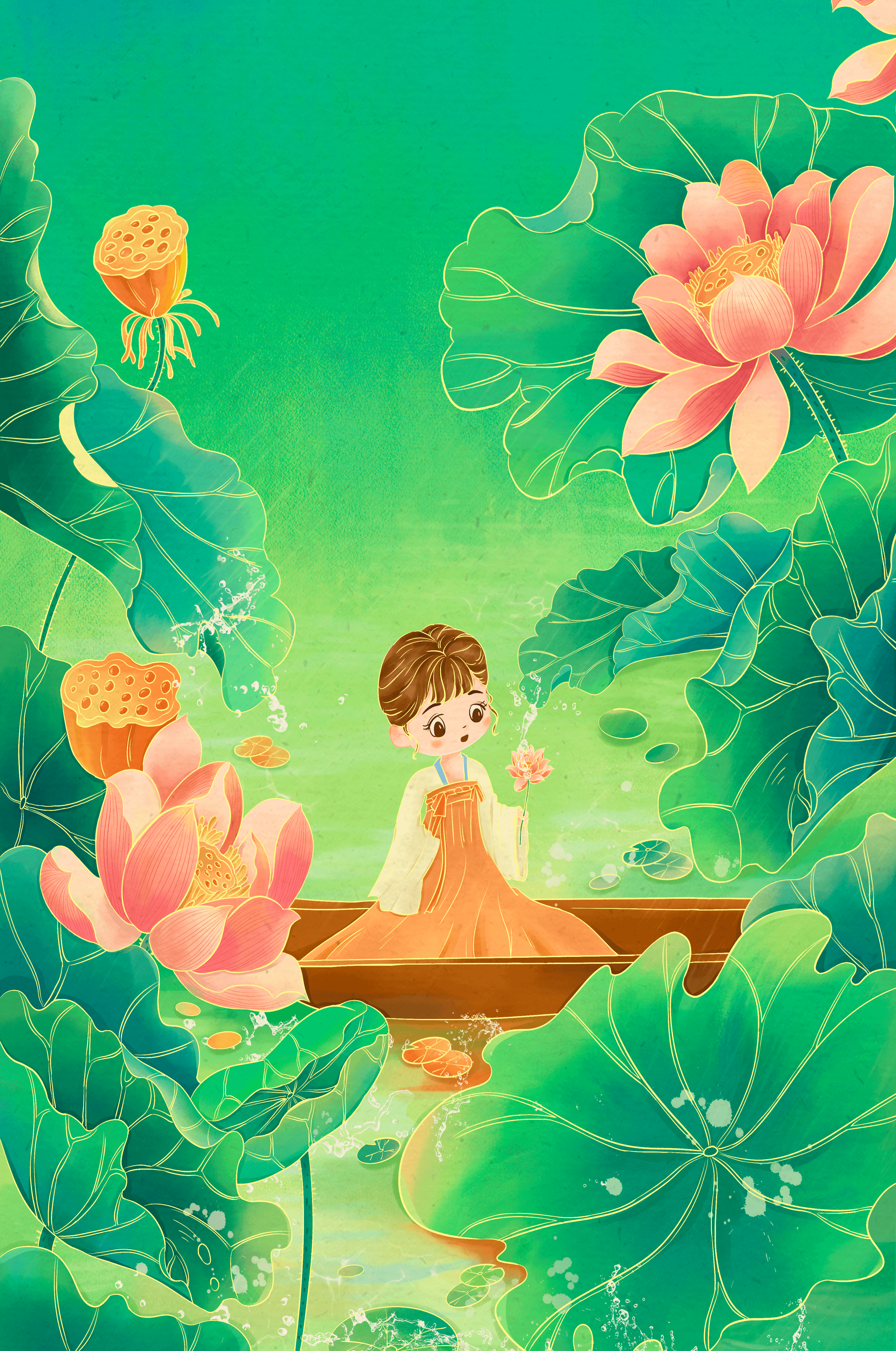 Serene illustration with girl among lotus flowers and green leaves