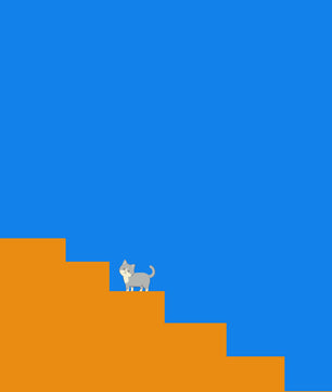 Gato minimalista en escaleras con fondo azul
