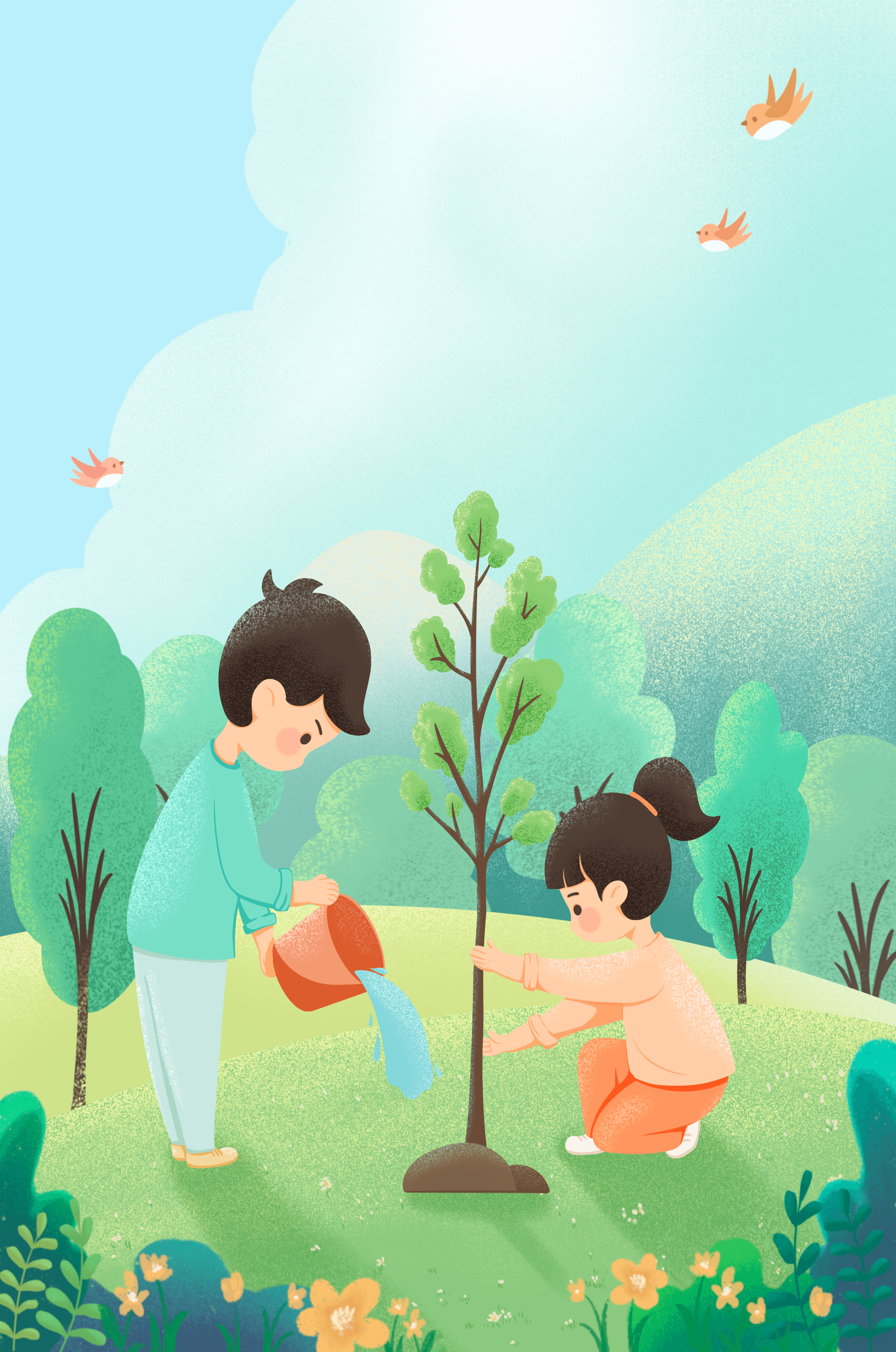 Children nurturing a young tree in a lush green landscape