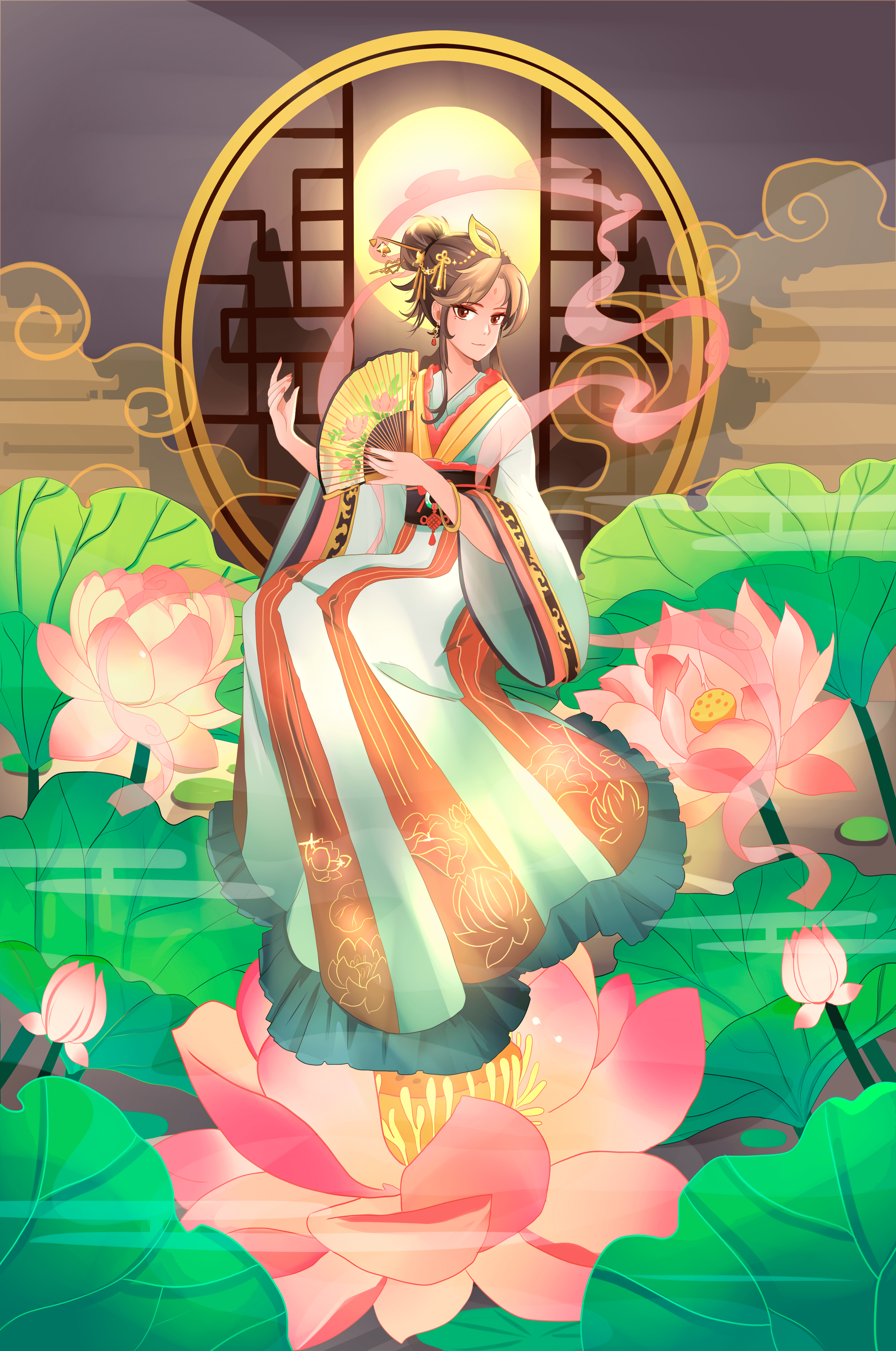 Elegant woman in traditional attire amidst lotus flowers with mountainous background