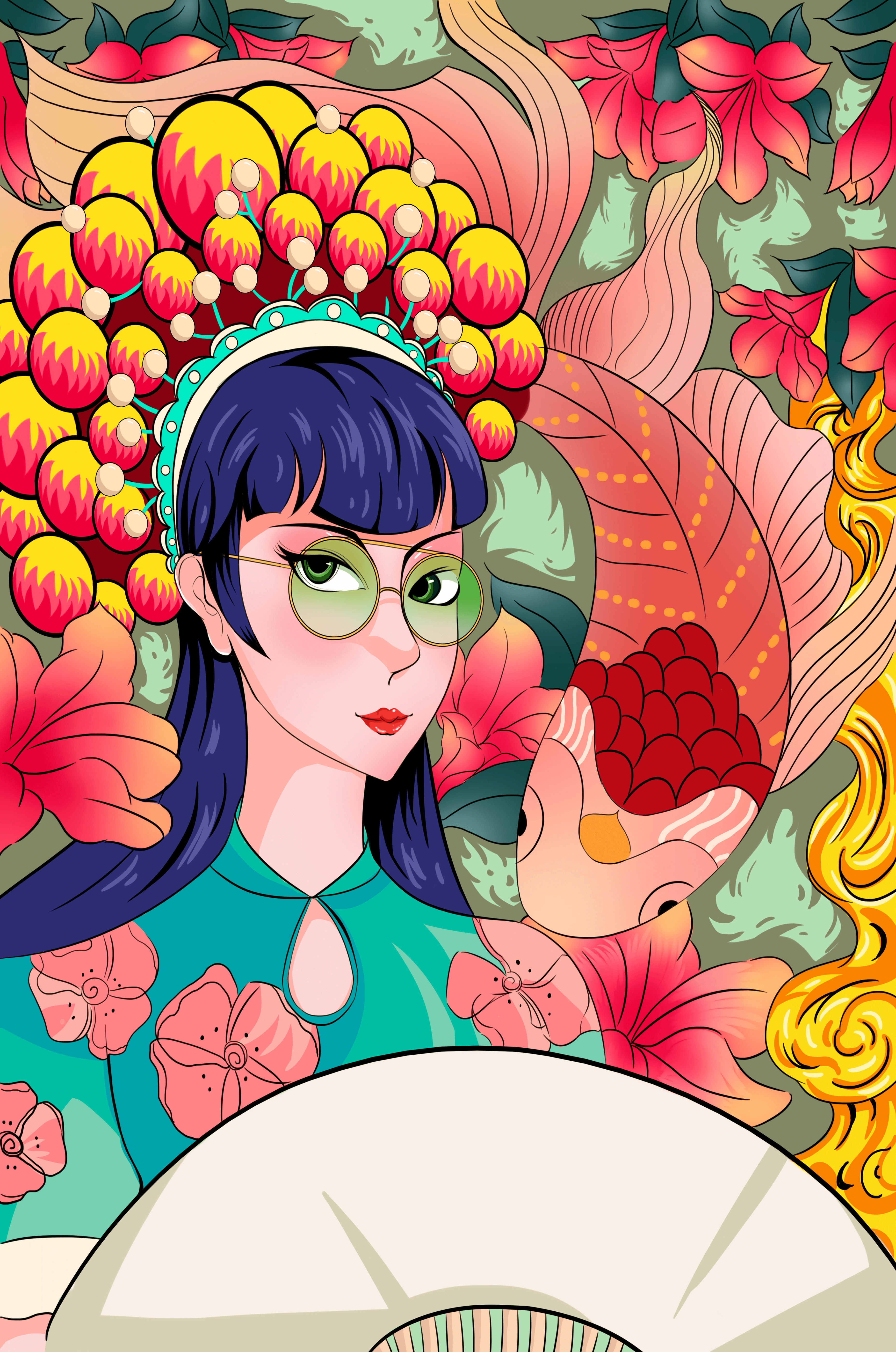 Colorful illustration of a woman with floral headdress and fish background
