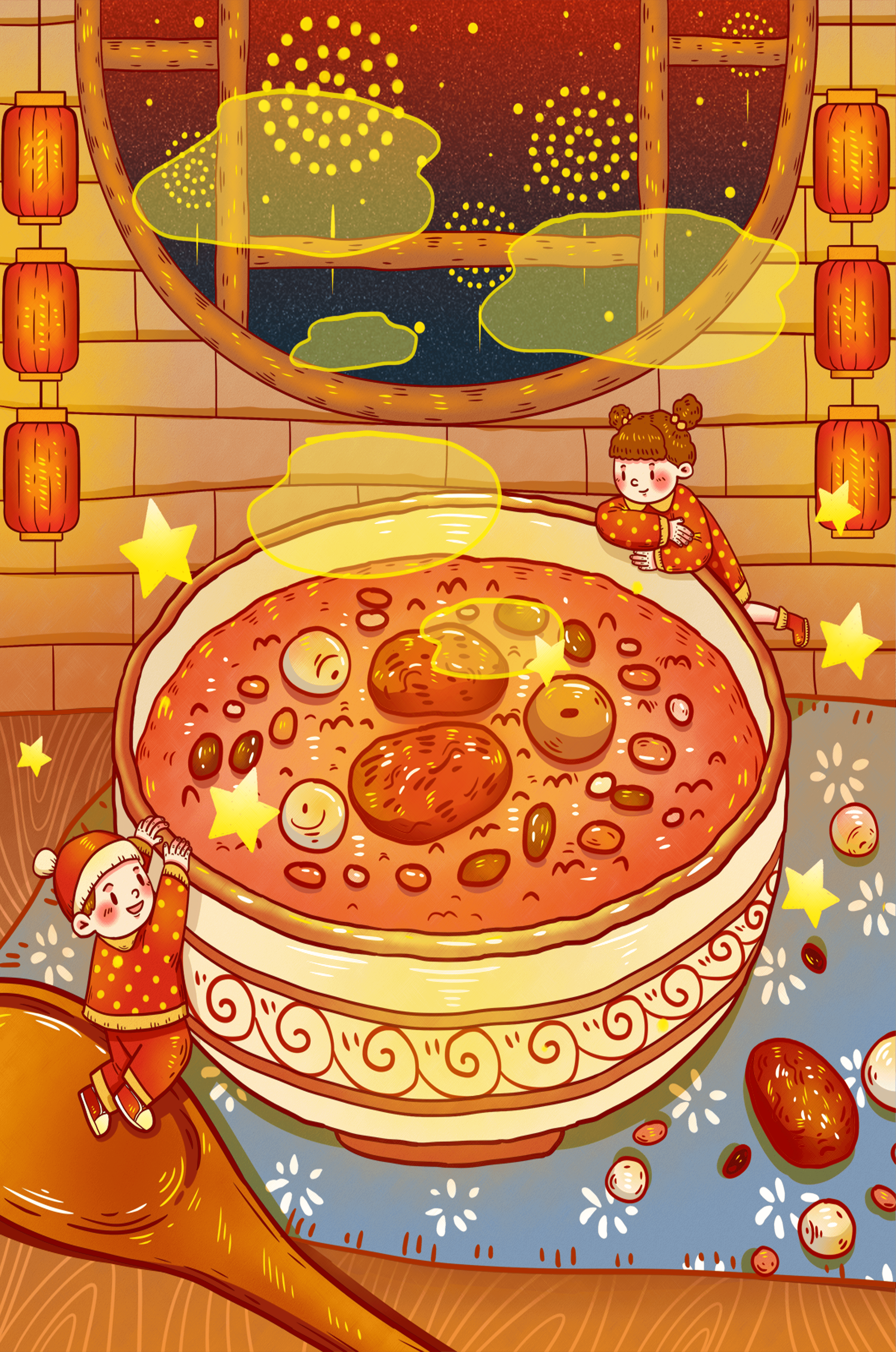 Cozy festive scene with children, a large bowl of soup, and lanterns
