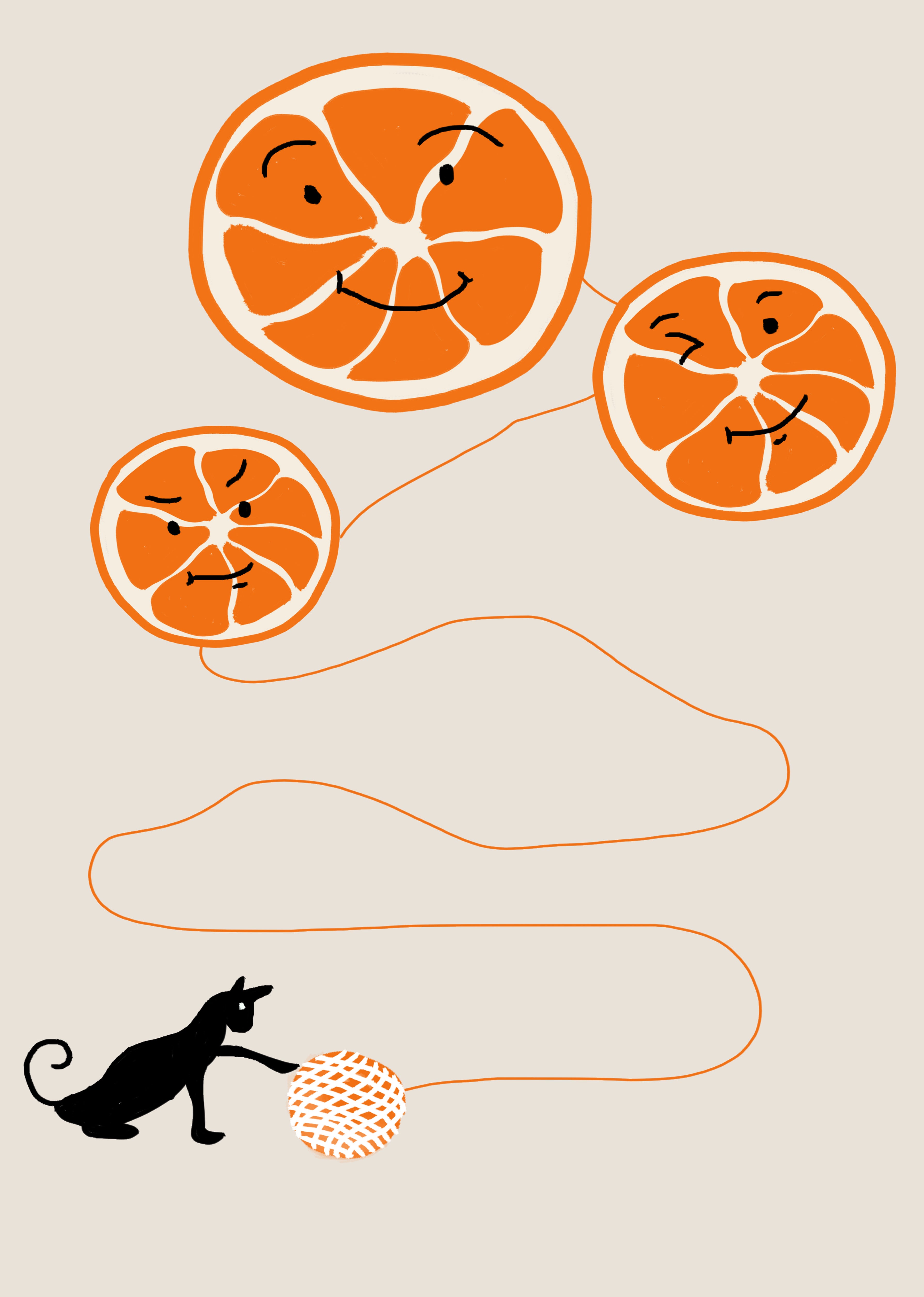 Playful illustration of oranges with cat and yarn