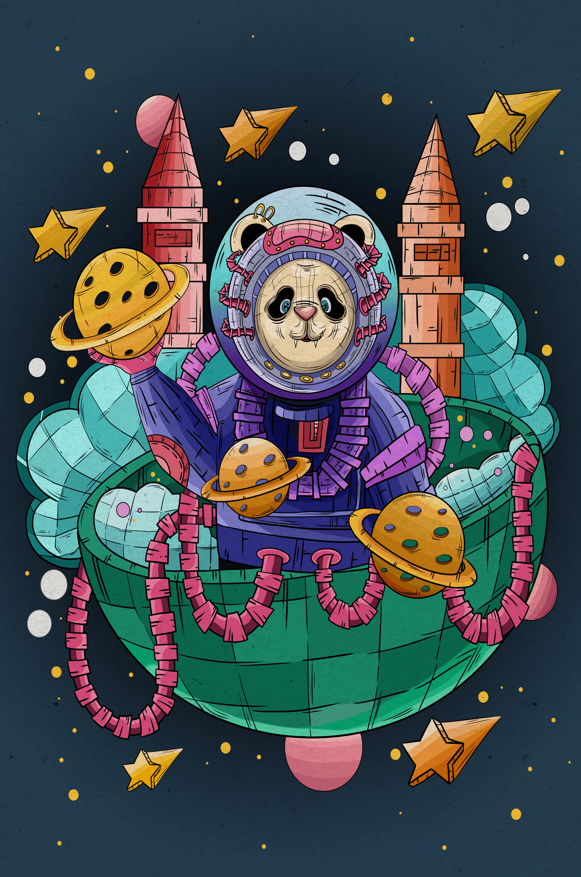 Whimsical space panda illustration with planets and stars