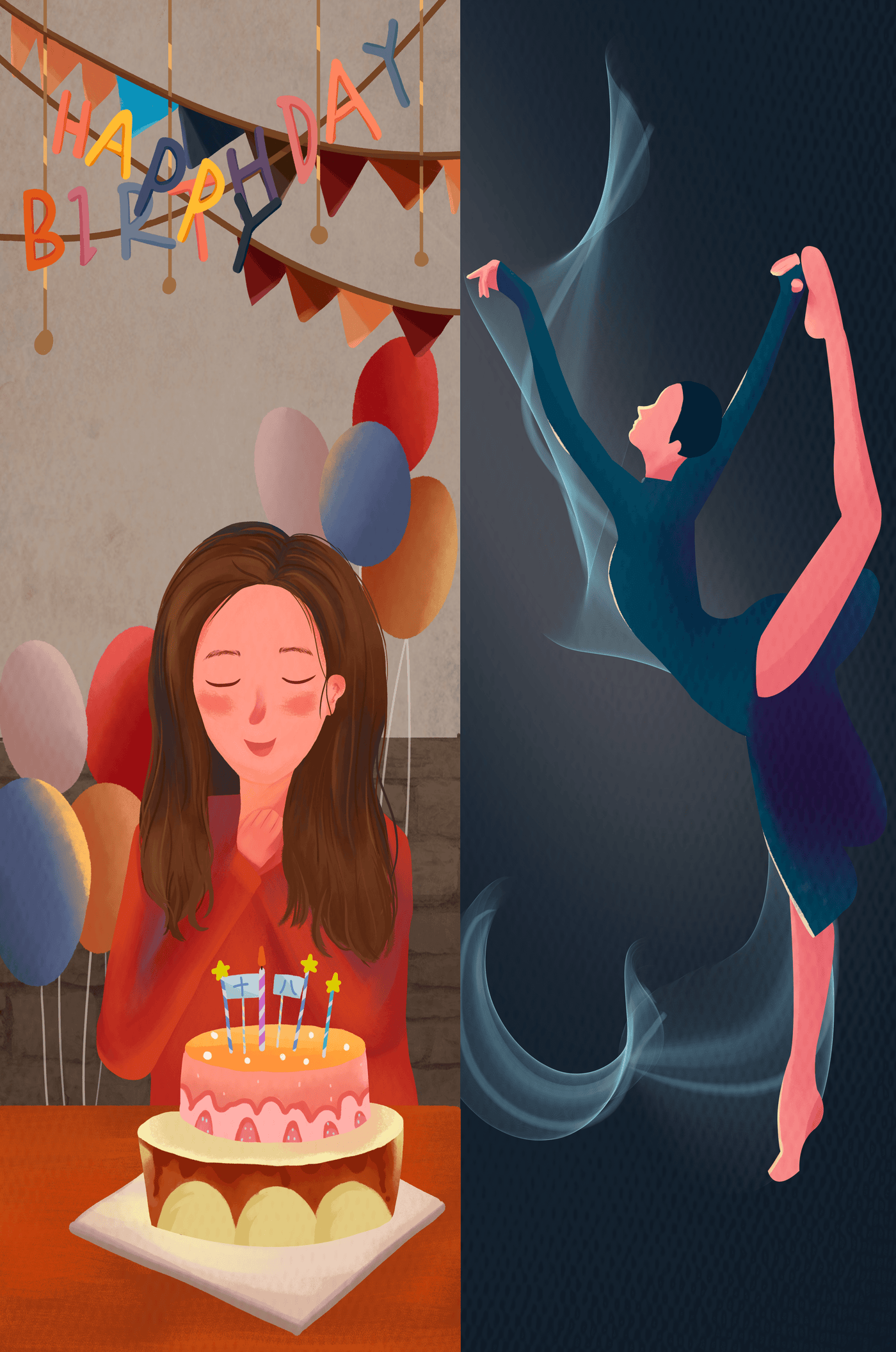 Birthday celebration illustration with cake and dancing figure