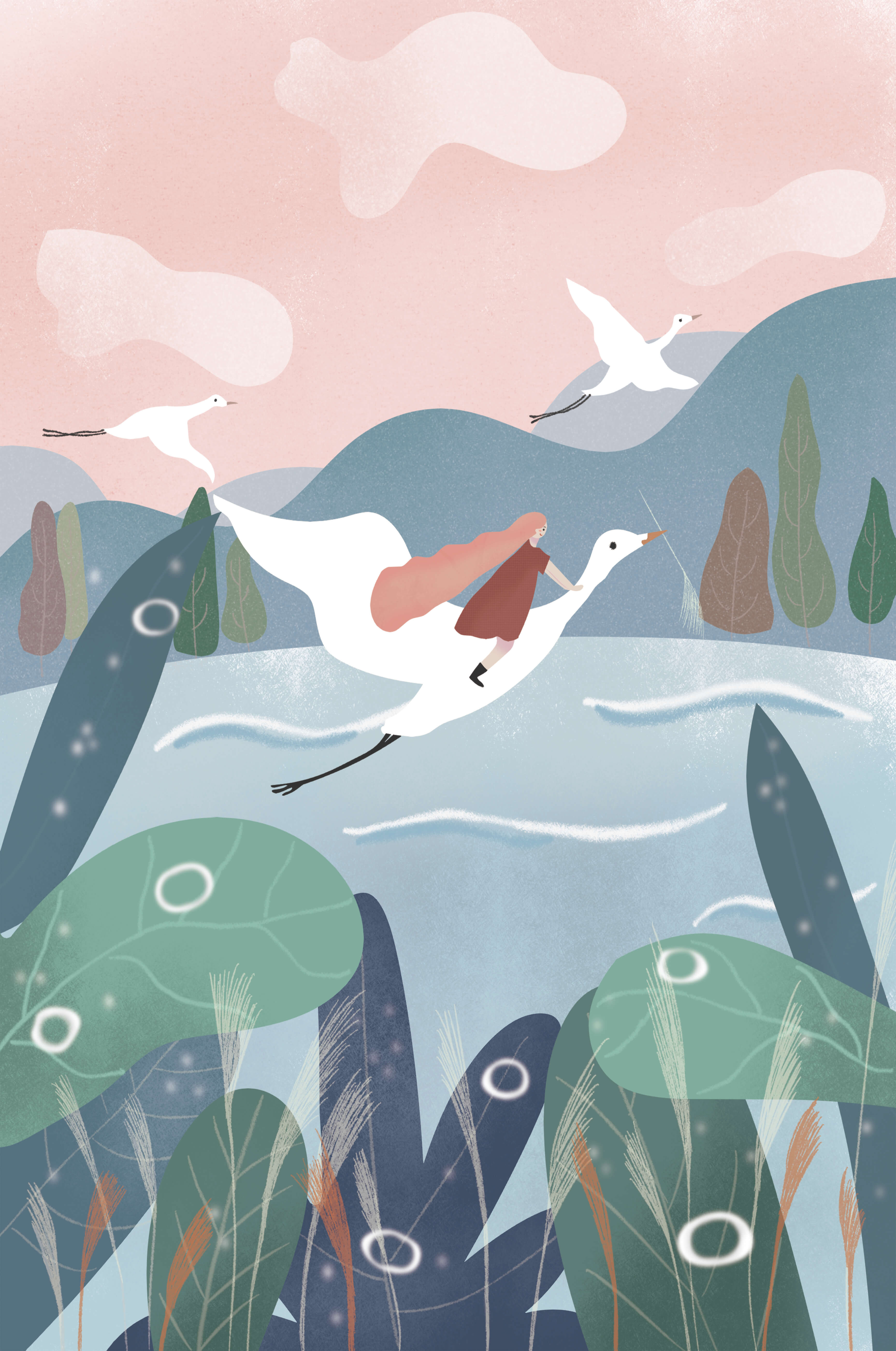 Whimsical landscape with flying birds and pink sky