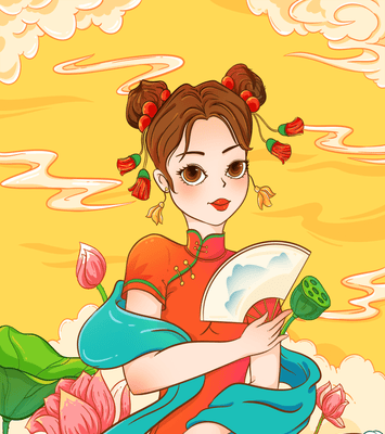 Oriental illustration featuring a girl in traditional attire with a fan and lotus flowers