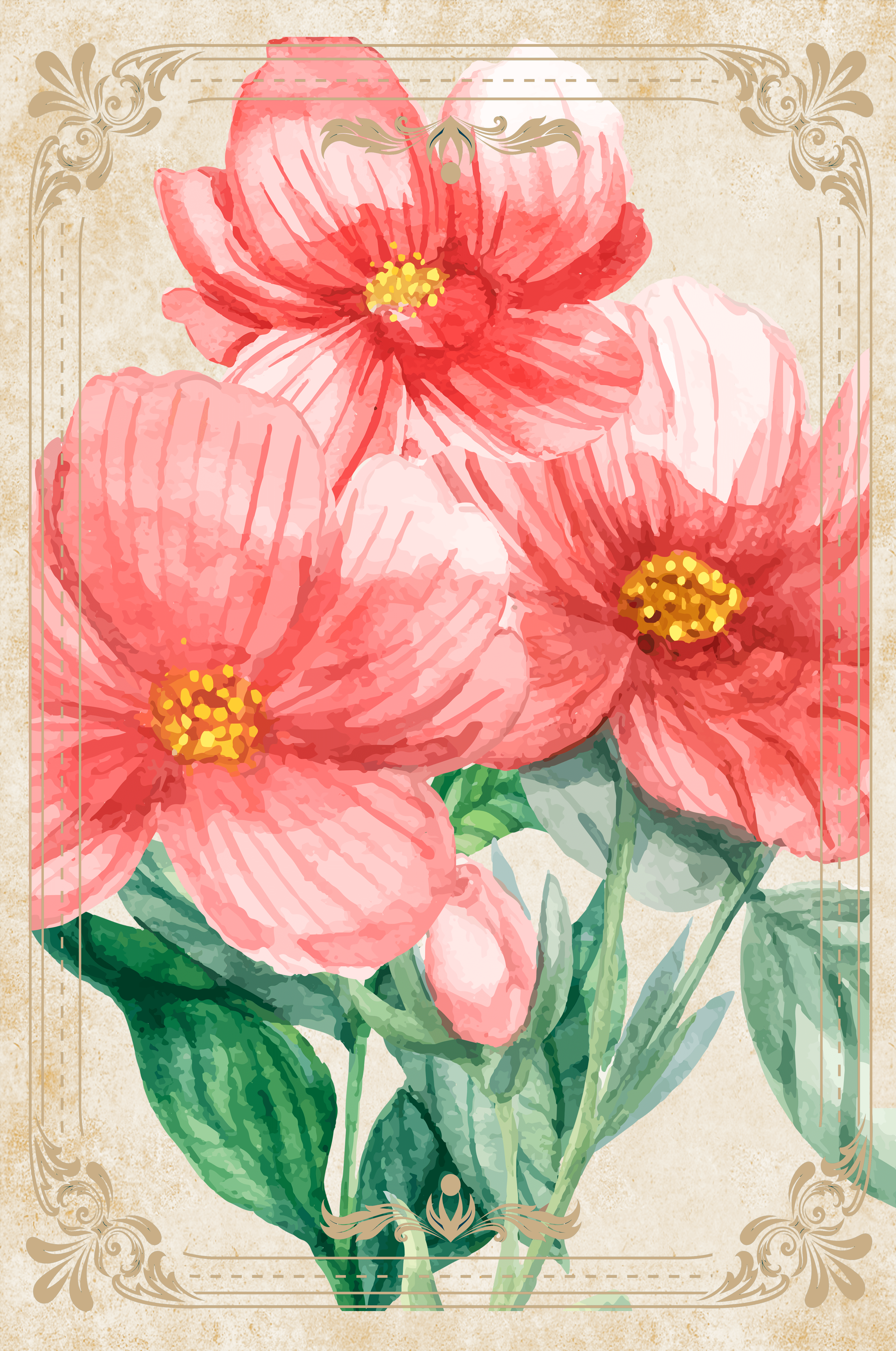Watercolor floral illustration with pink blooms and green foliage