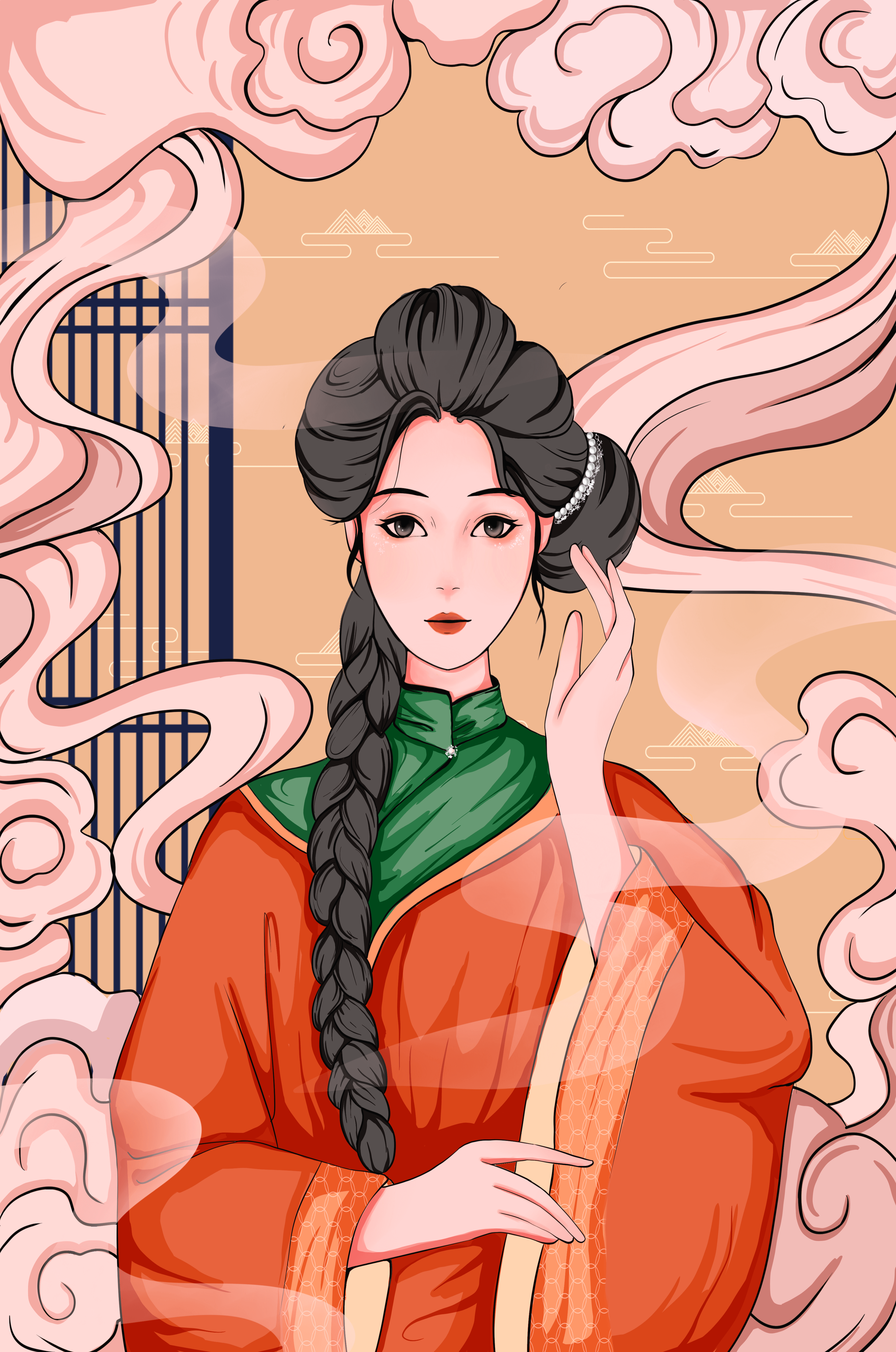 Elegant depiction of a woman in traditional attire with swirling clouds