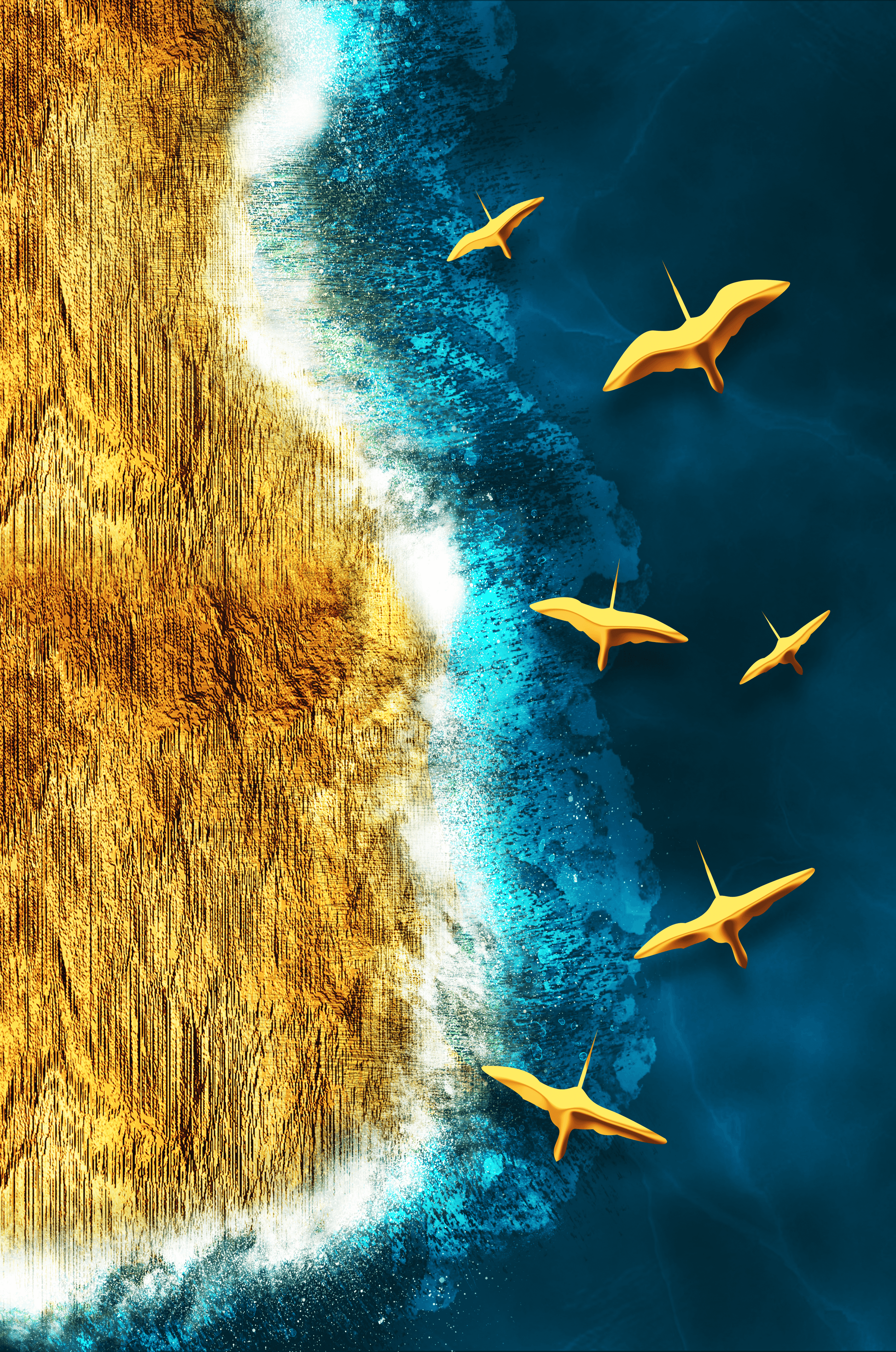 Golden beach landscape with vibrant ocean and flying seabirds