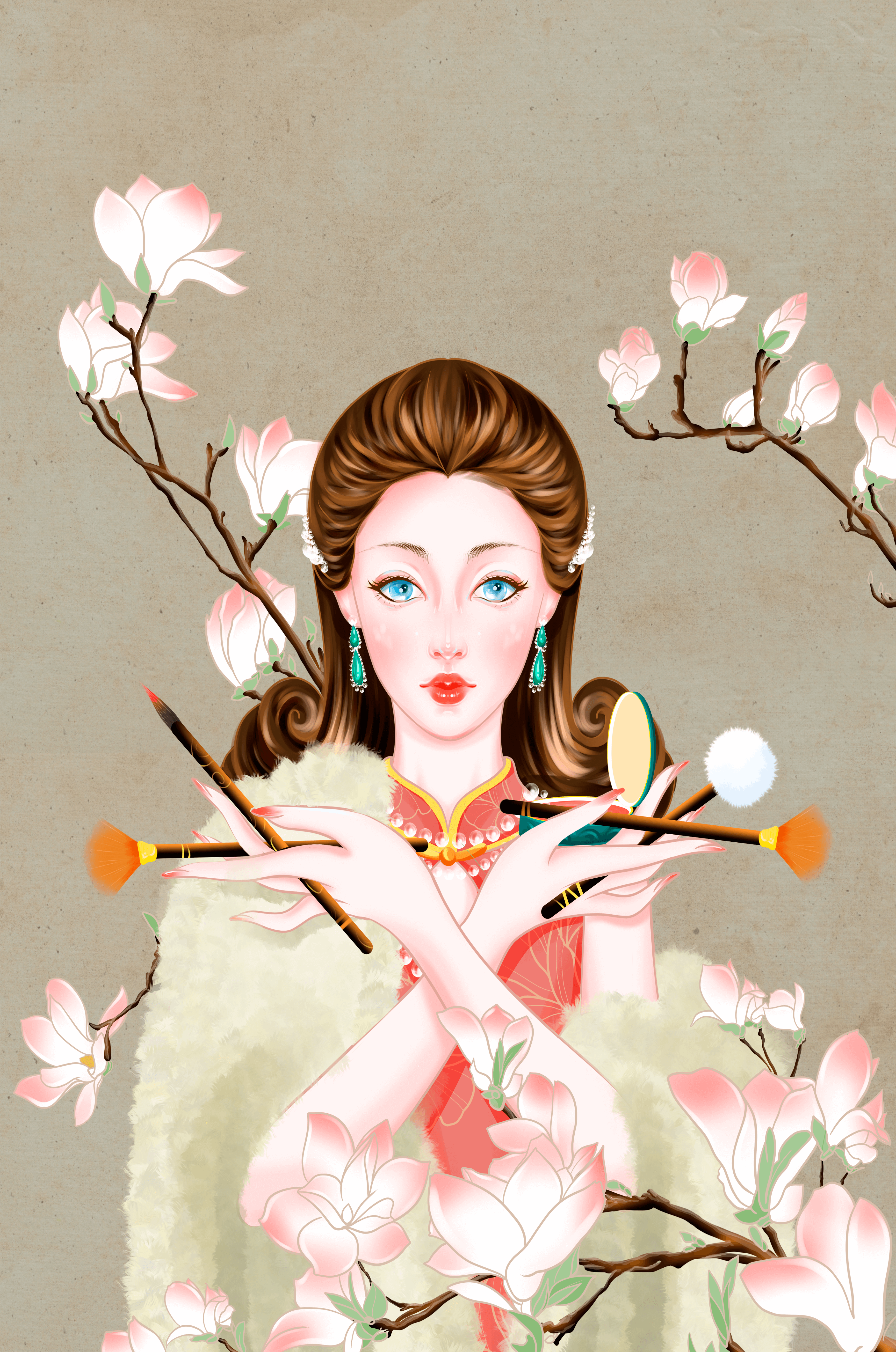 Elegant woman with makeup tools amidst blooming magnolia branches