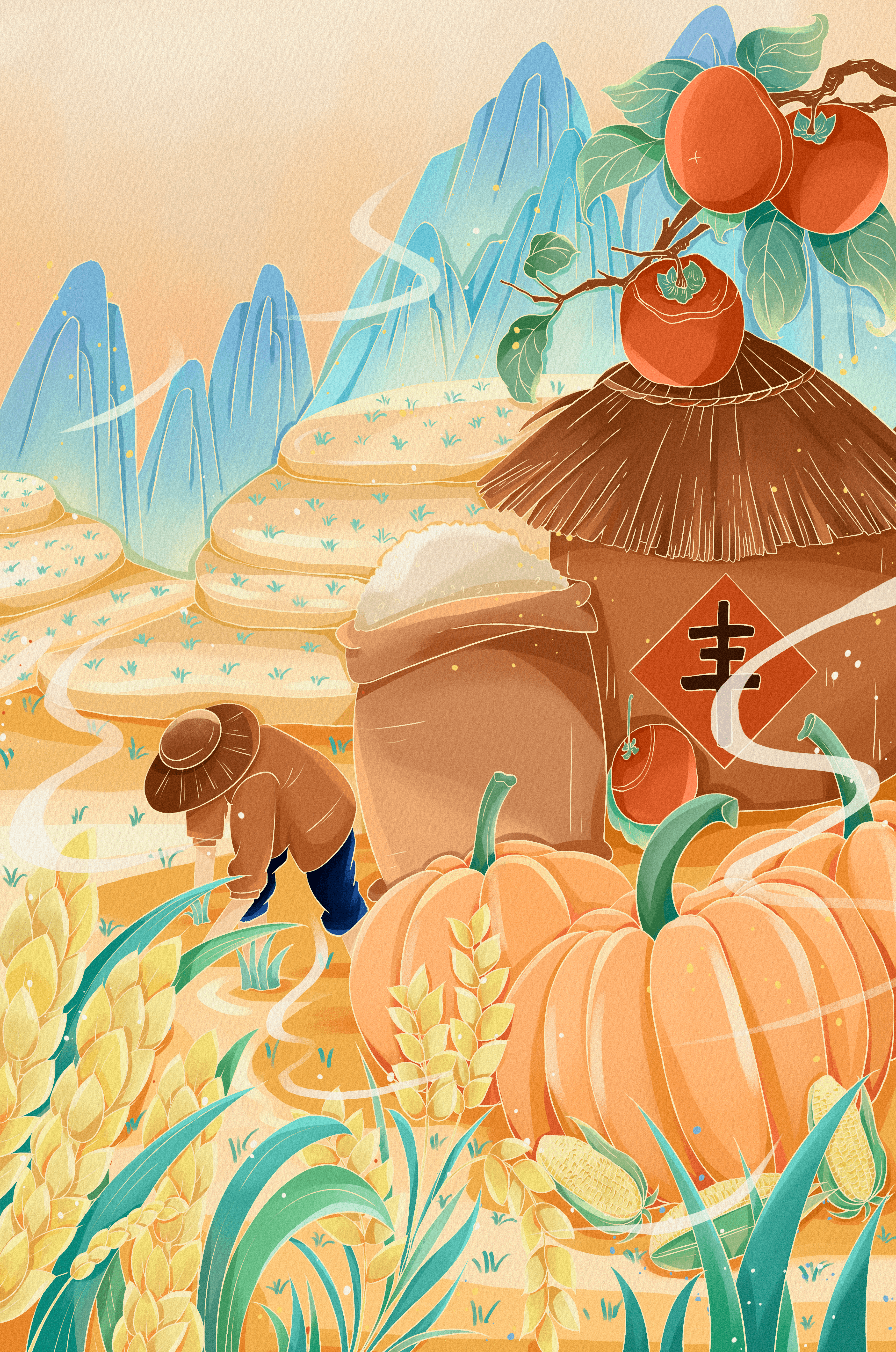 Pastoral landscape with pumpkins and farmer in rice fields