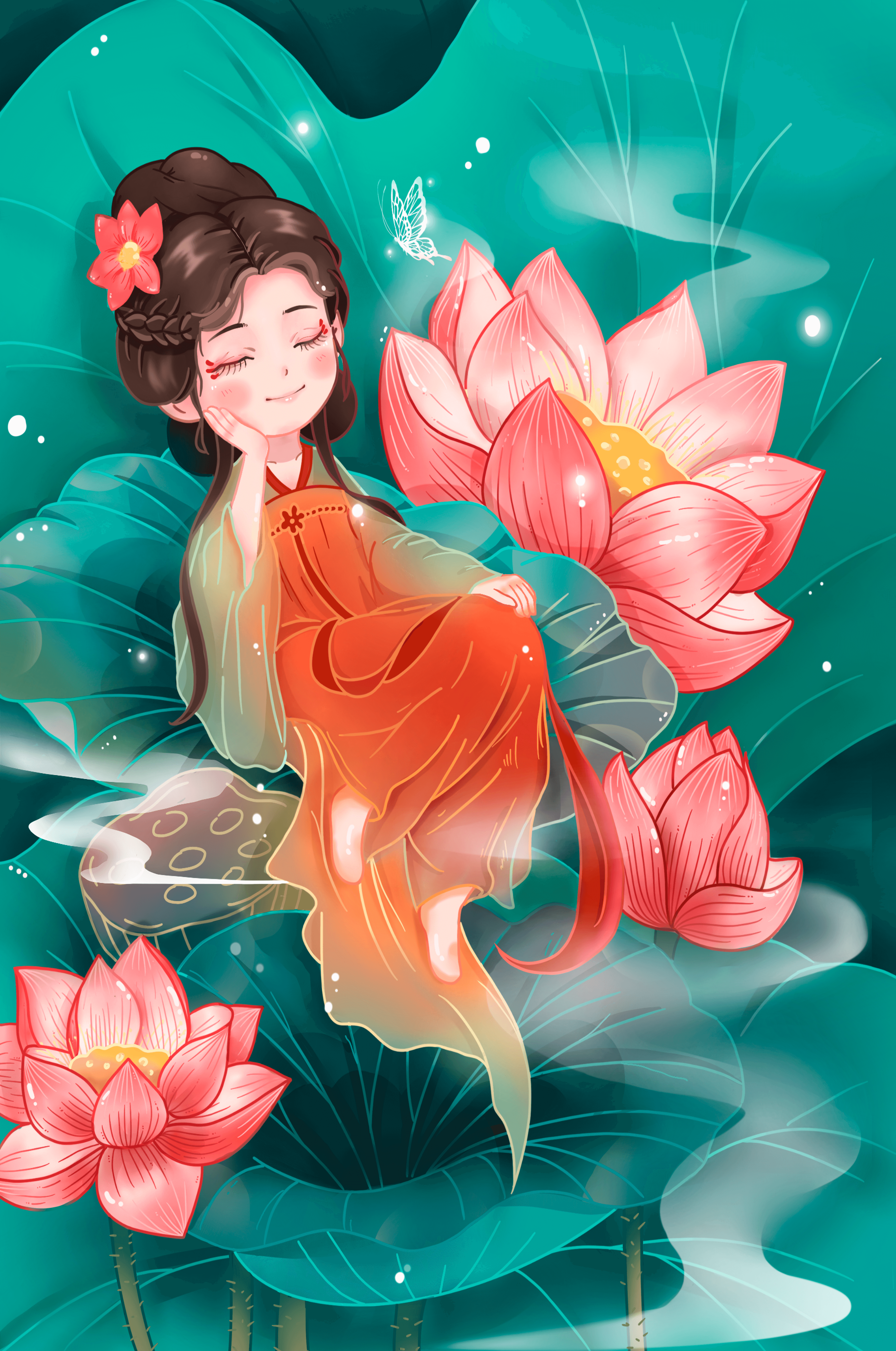 Charming illustration of a girl resting amidst lotus flowers