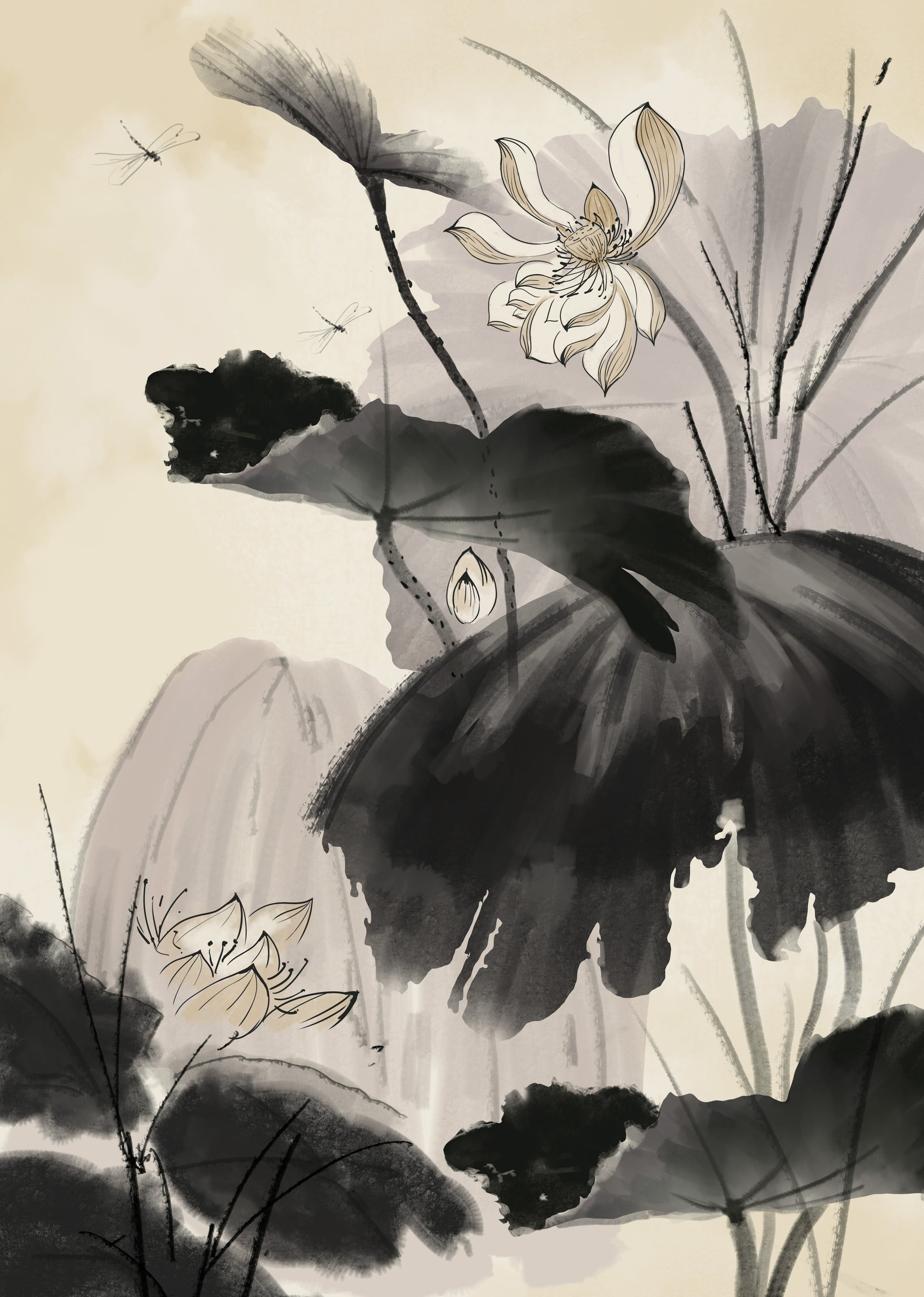 Ilustración botánica serena con flores de loto y libélulas