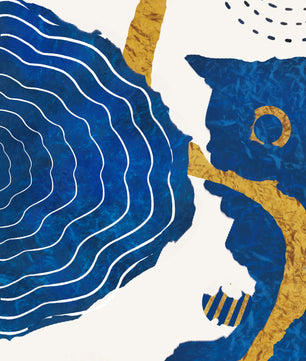 Diseño abstracto ondulado azul y dorado con patrones geométricos