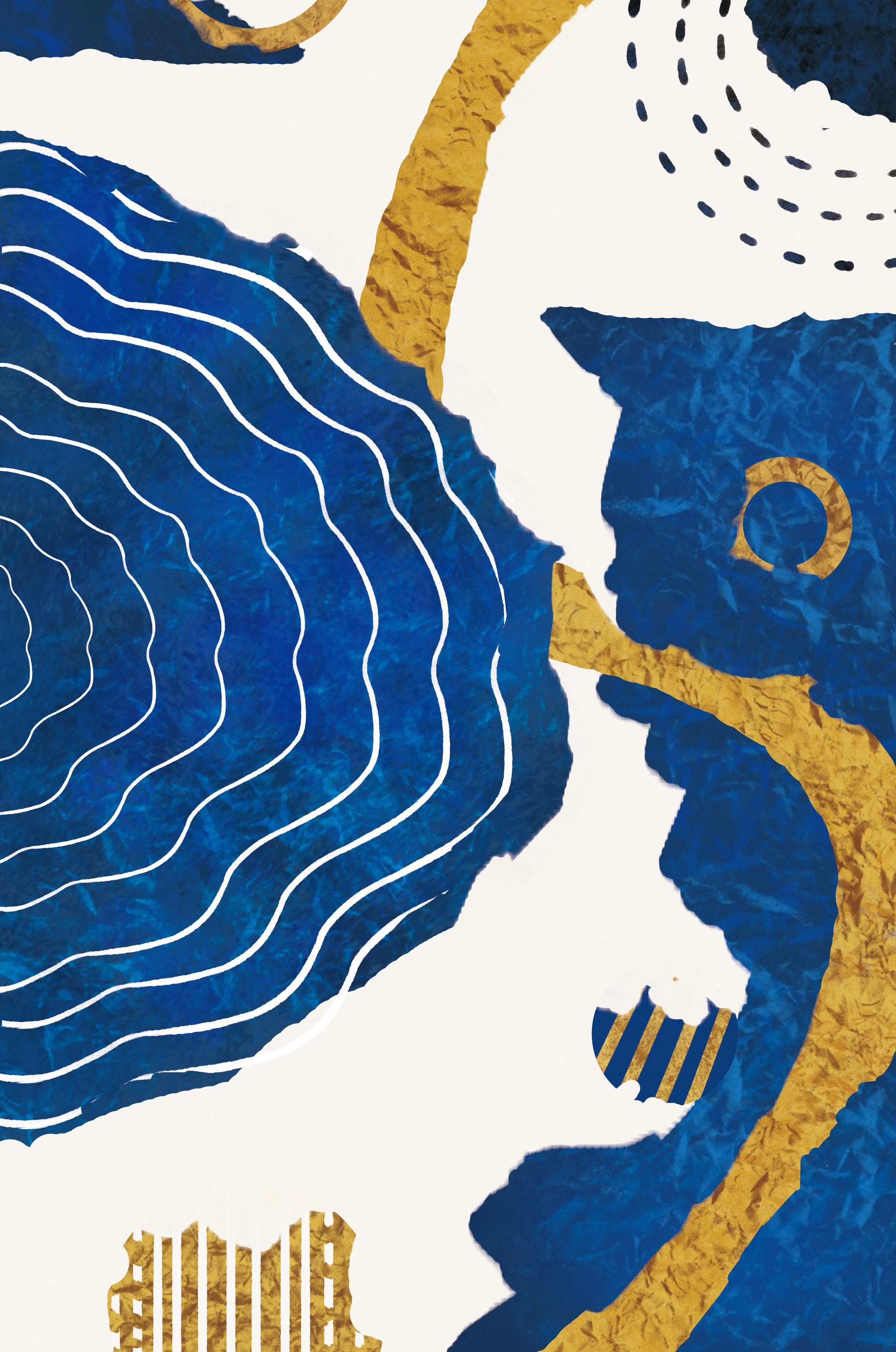 Diseño abstracto ondulado azul y dorado con patrones geométricos