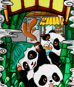 Ilustración de pandas encantadores disfrutando de helado bajo un puente de bambú