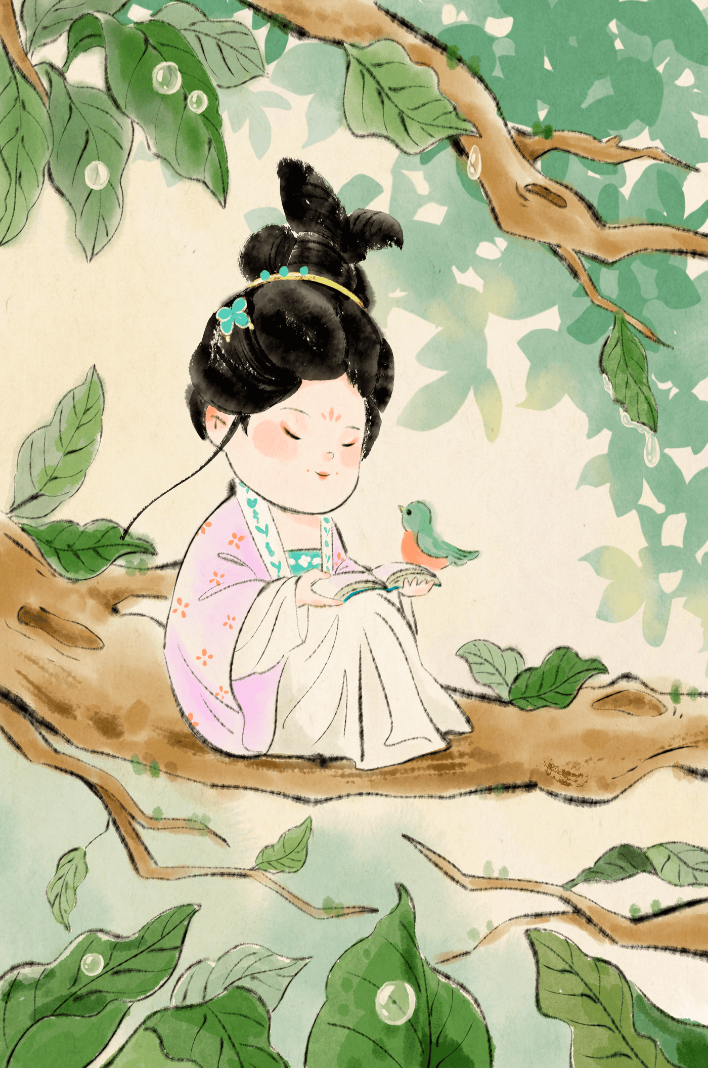 Serene illustration of a girl with a bird in a tree