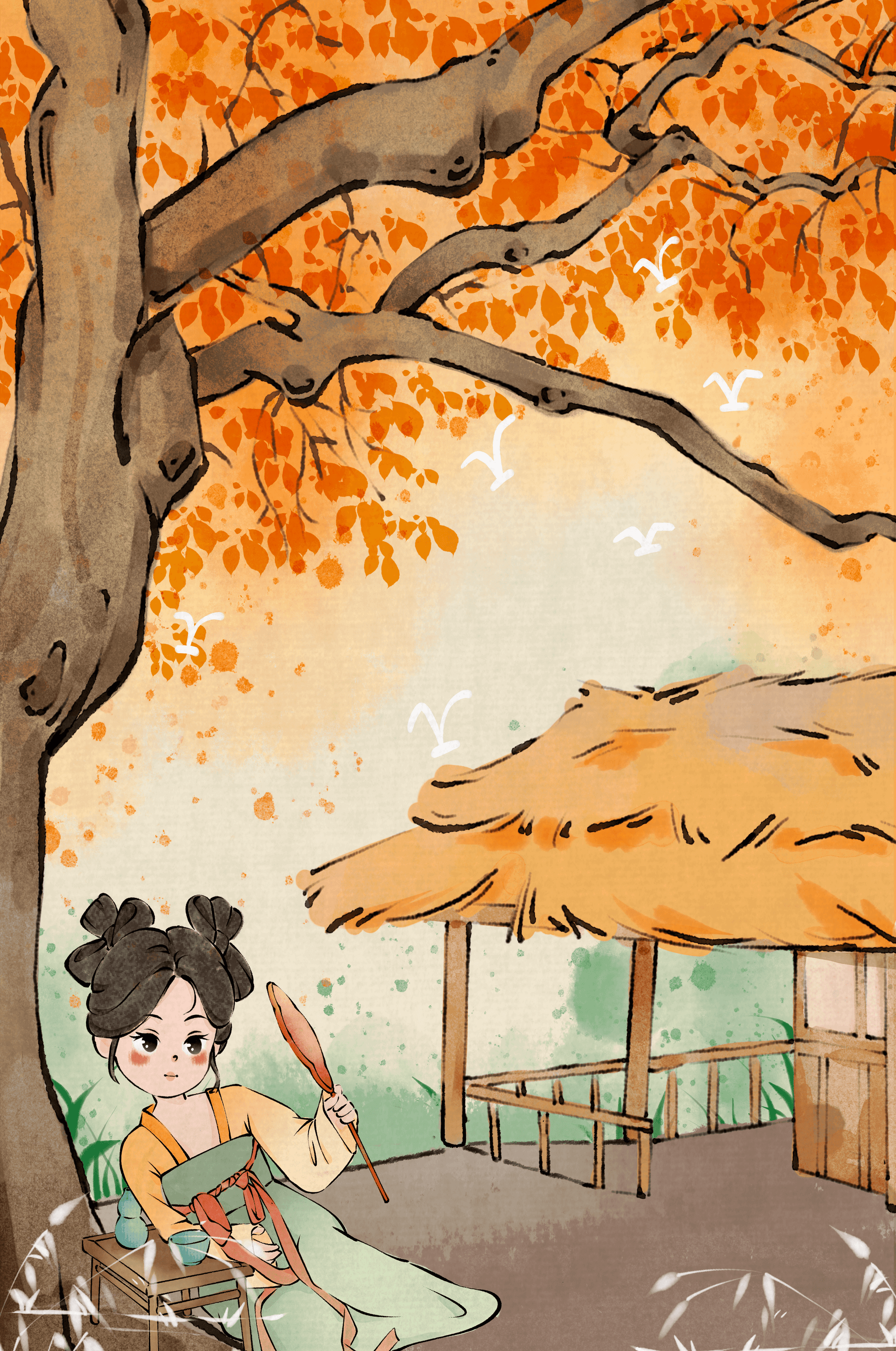 Escena de otoño con ilustración en estilo asiático tradicional