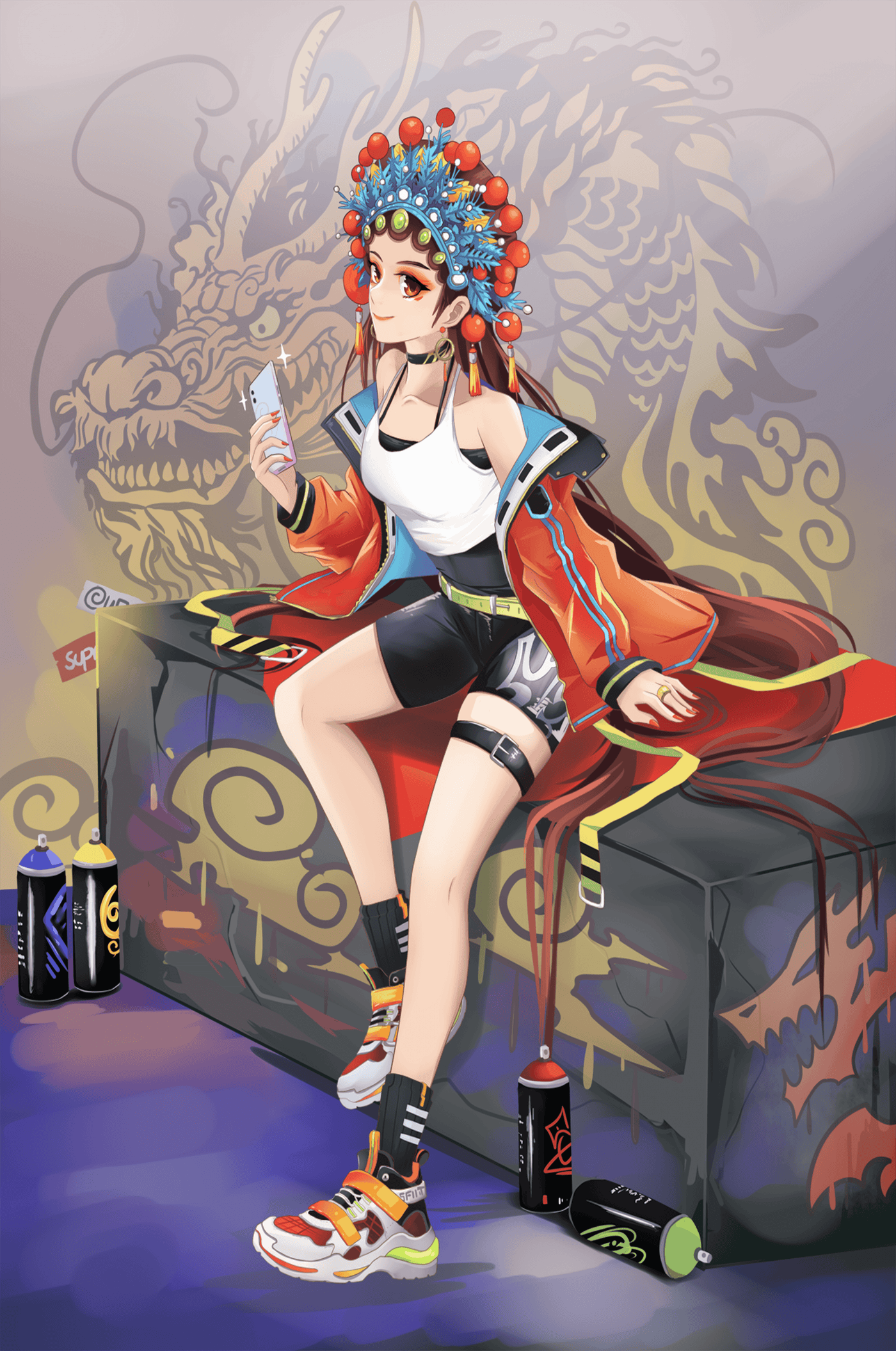 Anime art of a girl in traditional attire with urban elements