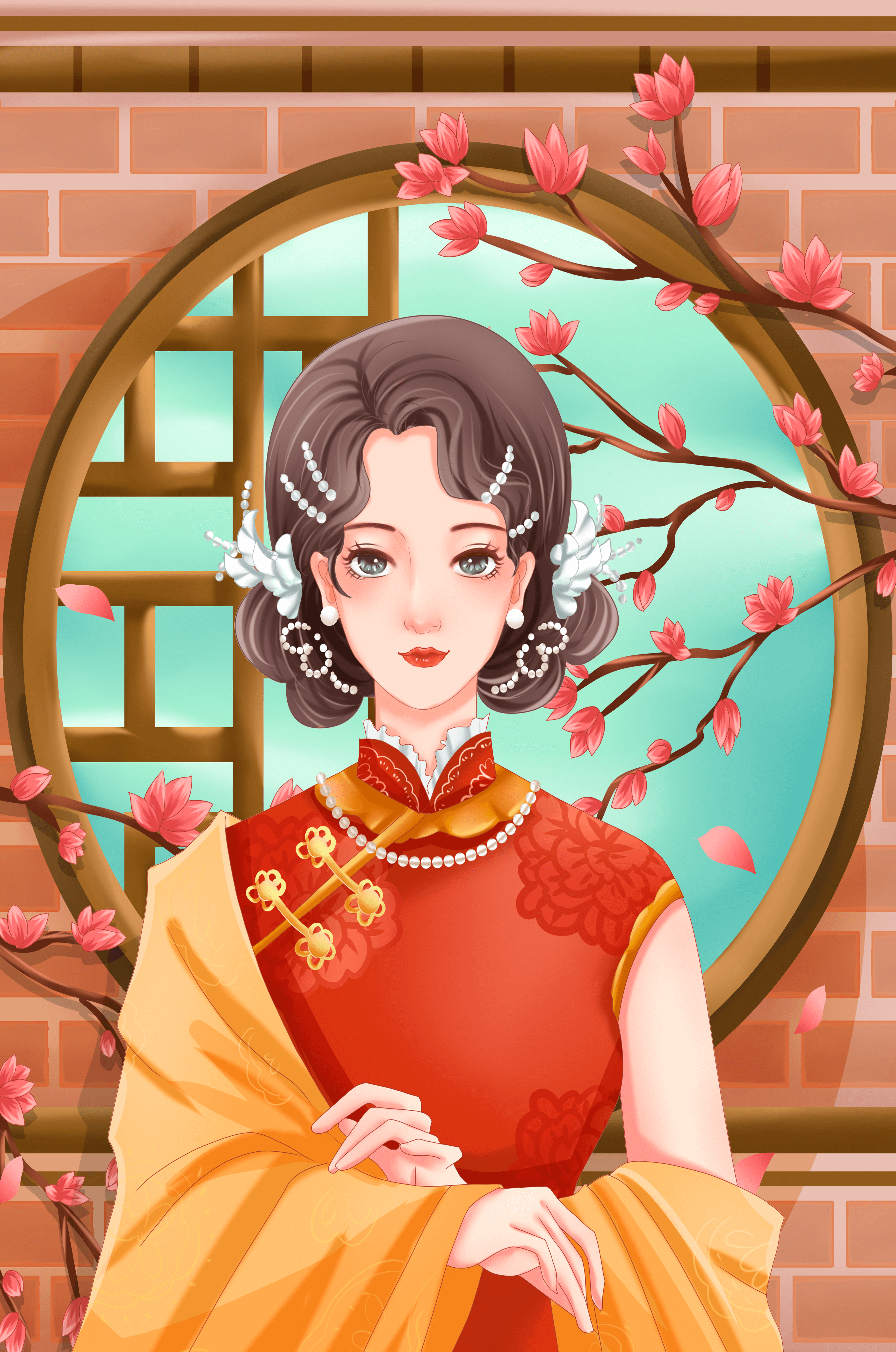 Elegant woman in traditional dress with floral background