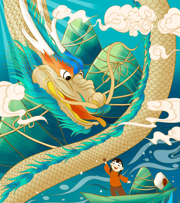 Colorful dragon and child illustration with vibrant waves and clouds