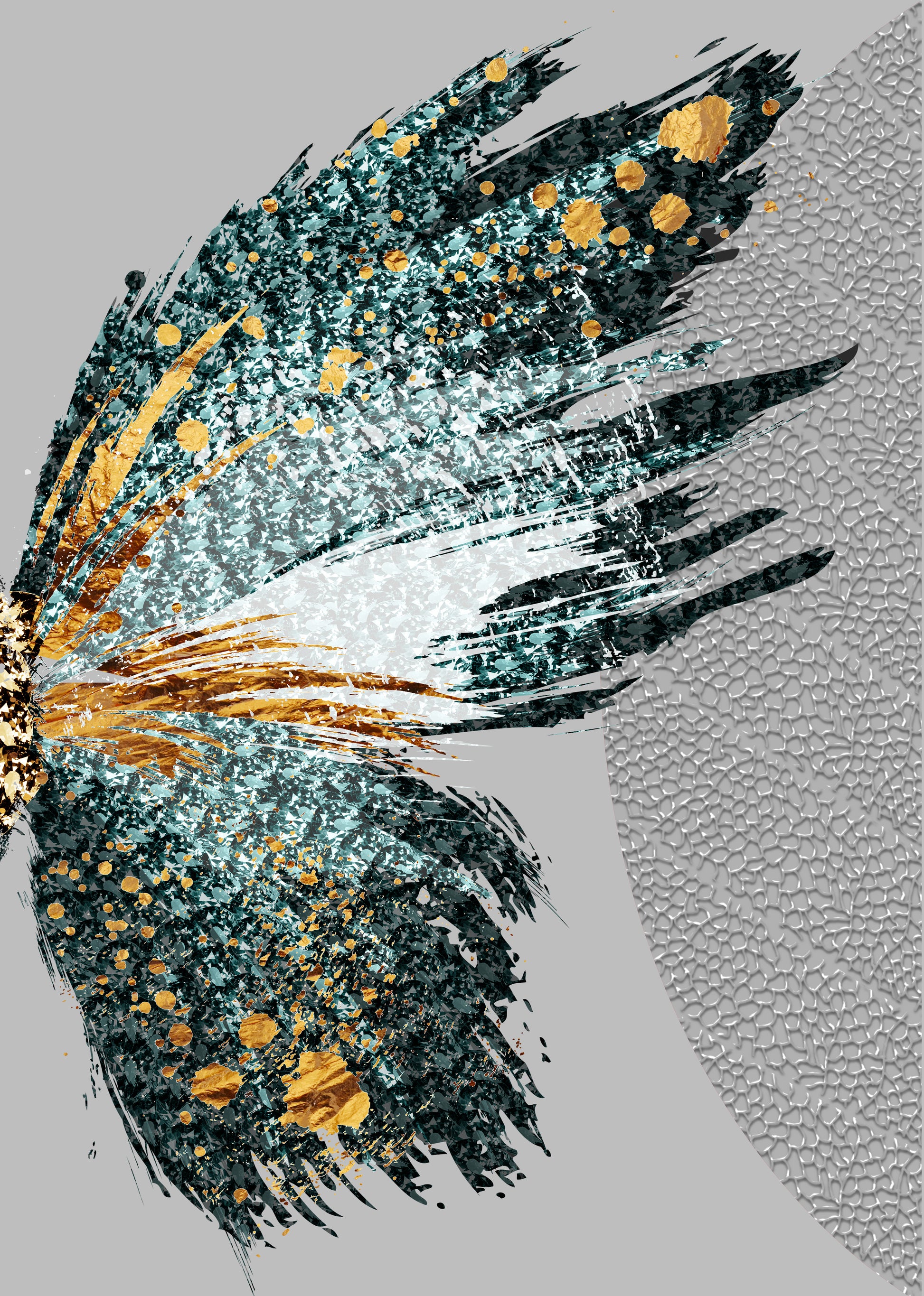 Ala de mariposa abstracta con detalles turquesa y dorados