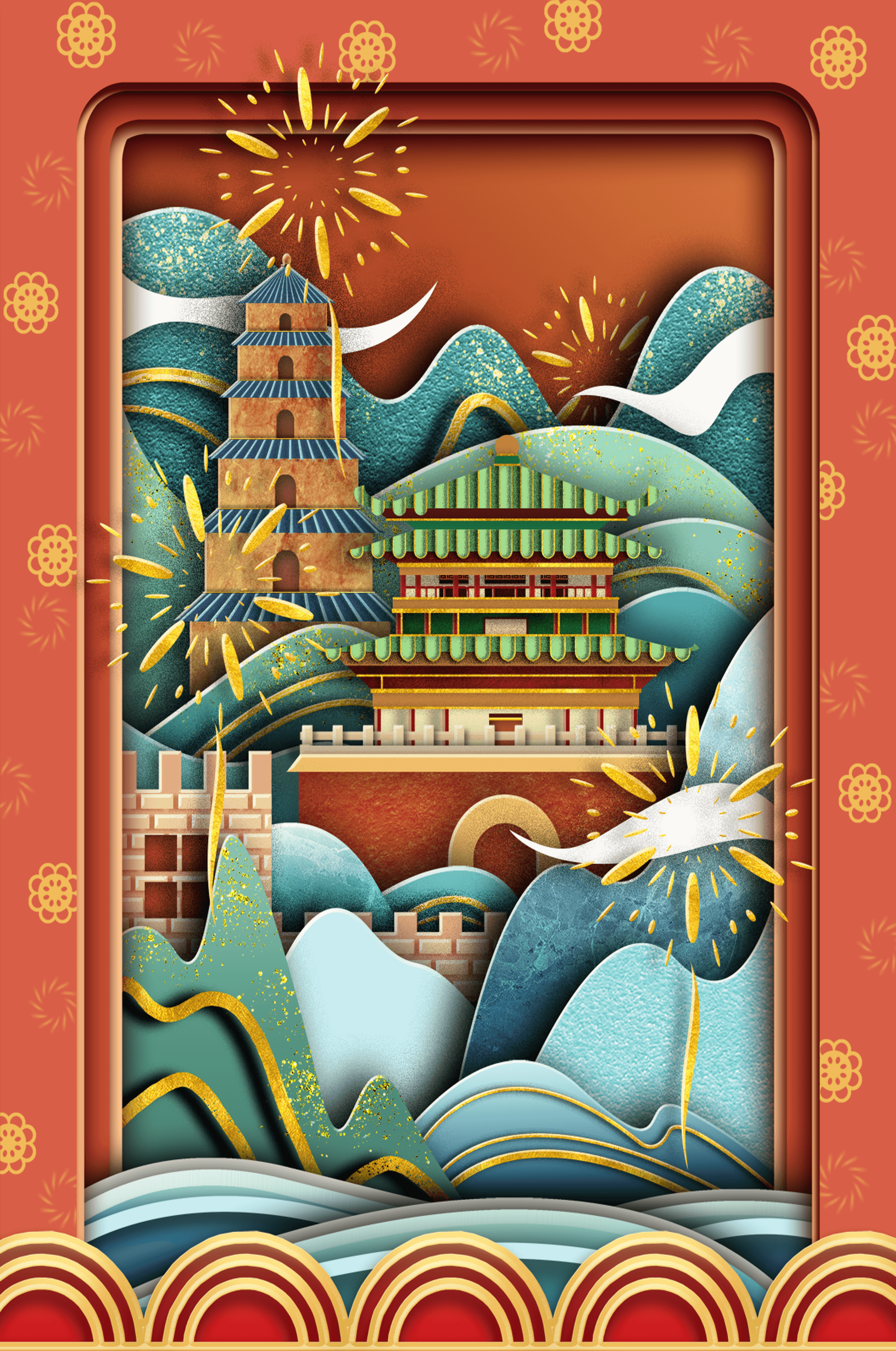 Illustrated Asian landscape with fireworks and traditional architecture