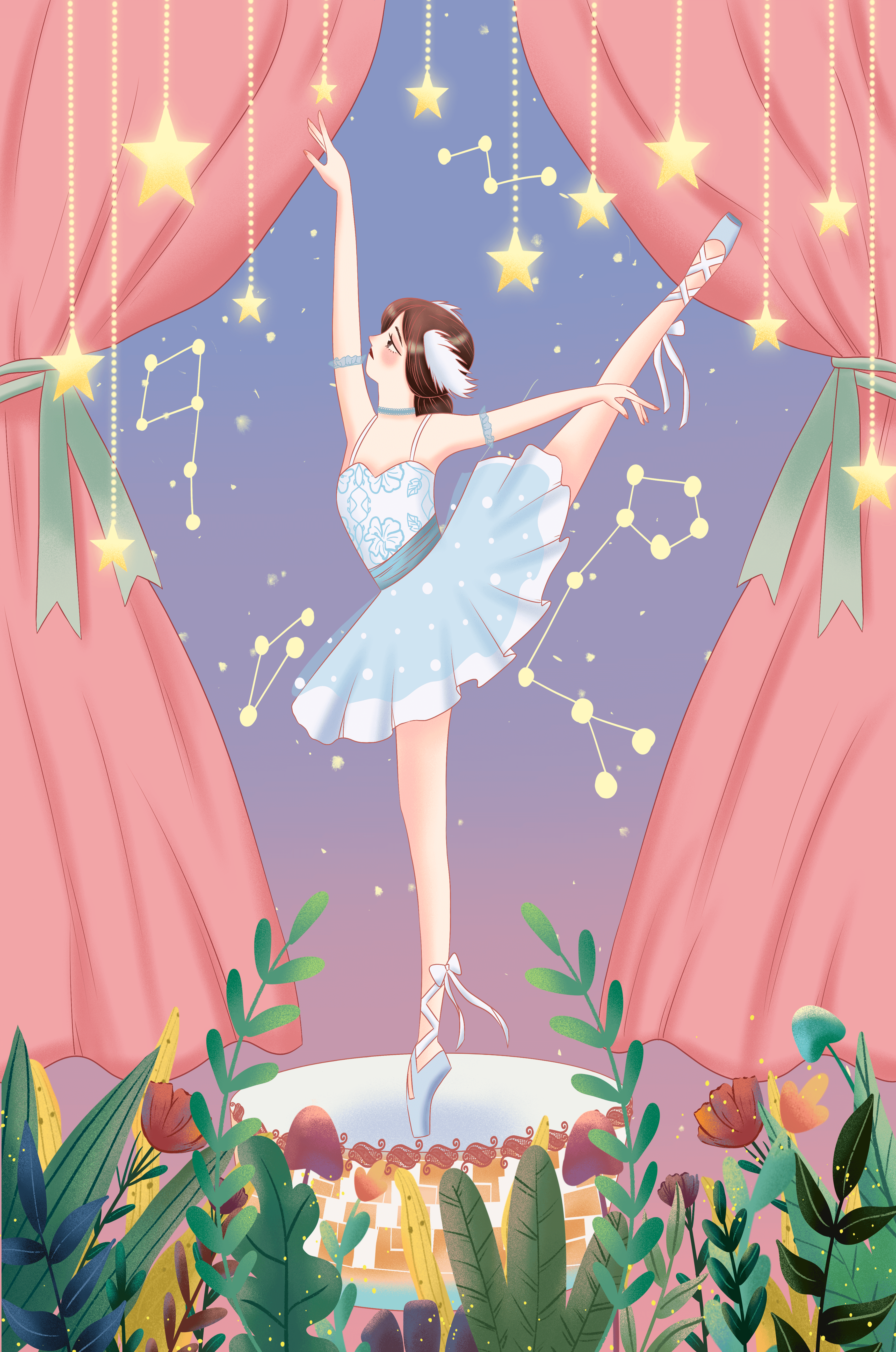 Graceful ballerina performing under starry sky on stage