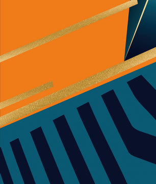 Moderne geometrische Abstraktion mit goldenen Elementen und kräftigen Farben 