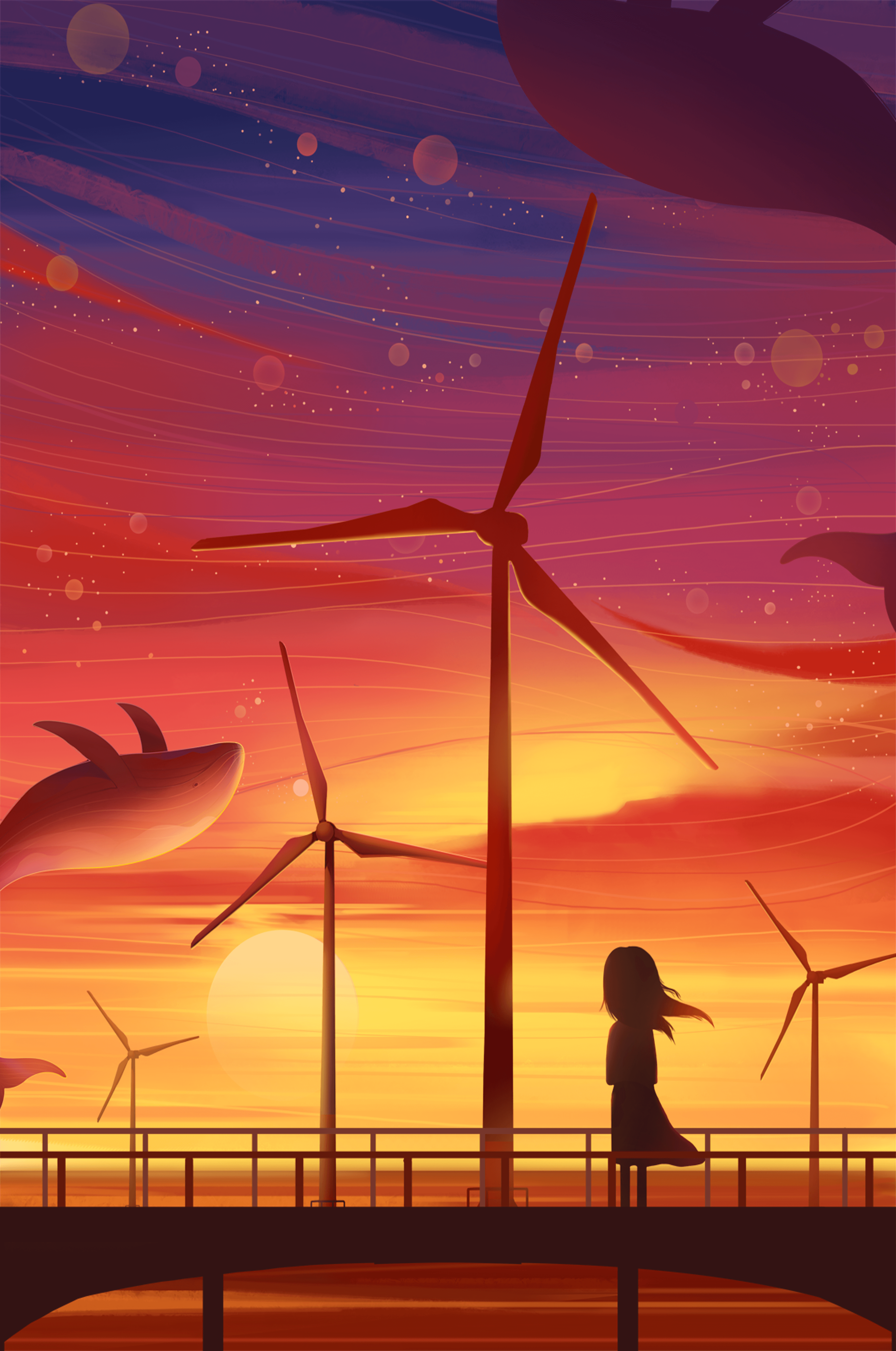 Enchanting sunset scene with wind turbines and silhouette of a girl