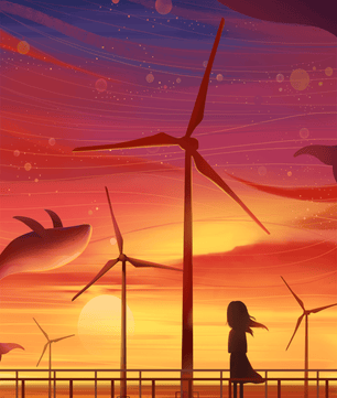 Enchanting sunset scene with wind turbines and silhouette of a girl