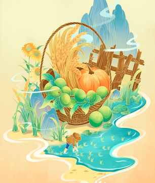 Ilustración con tema de cosecha con una cesta de productos y un fondo panorámico.