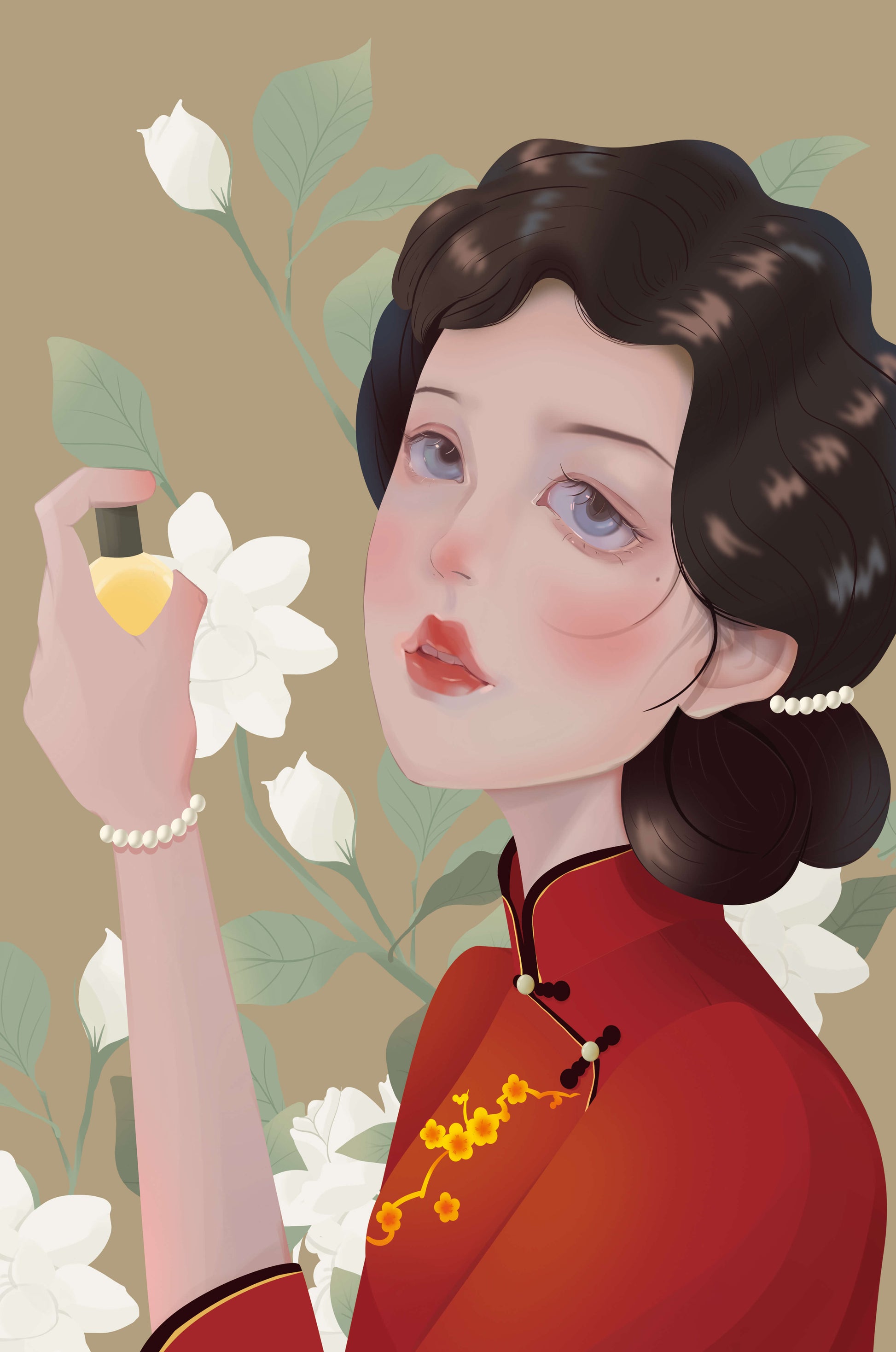 Captivating portrait of a woman in traditional attire with floral backdrop