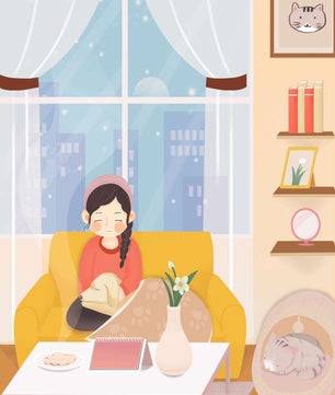 Cozy living room with a girl and a dog on a yellow sofa